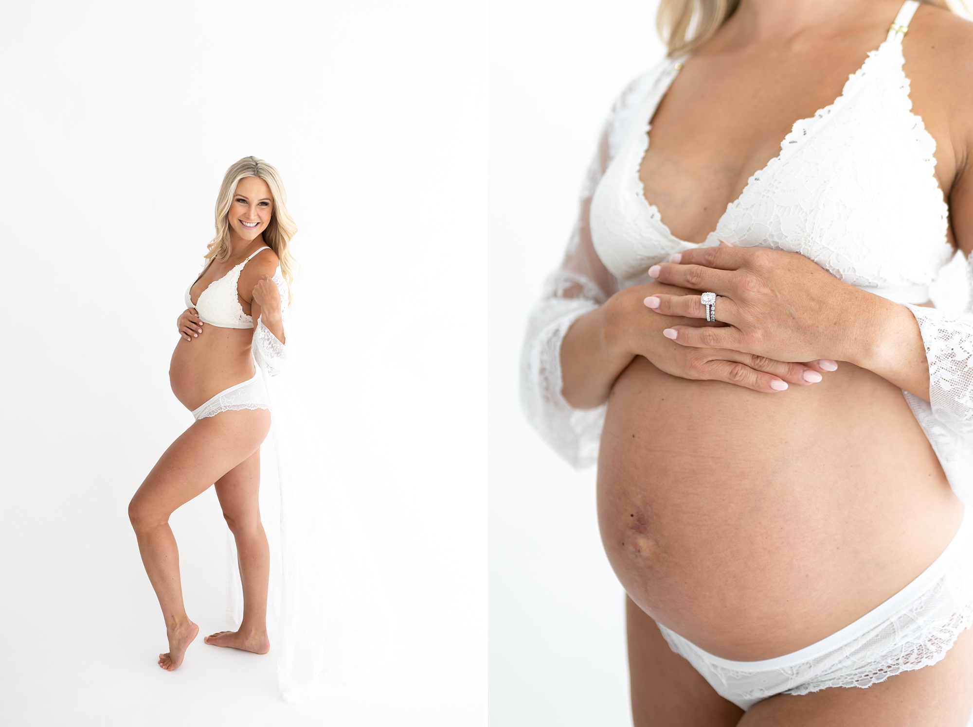 chic studio maternity session with mom in white bra and panties