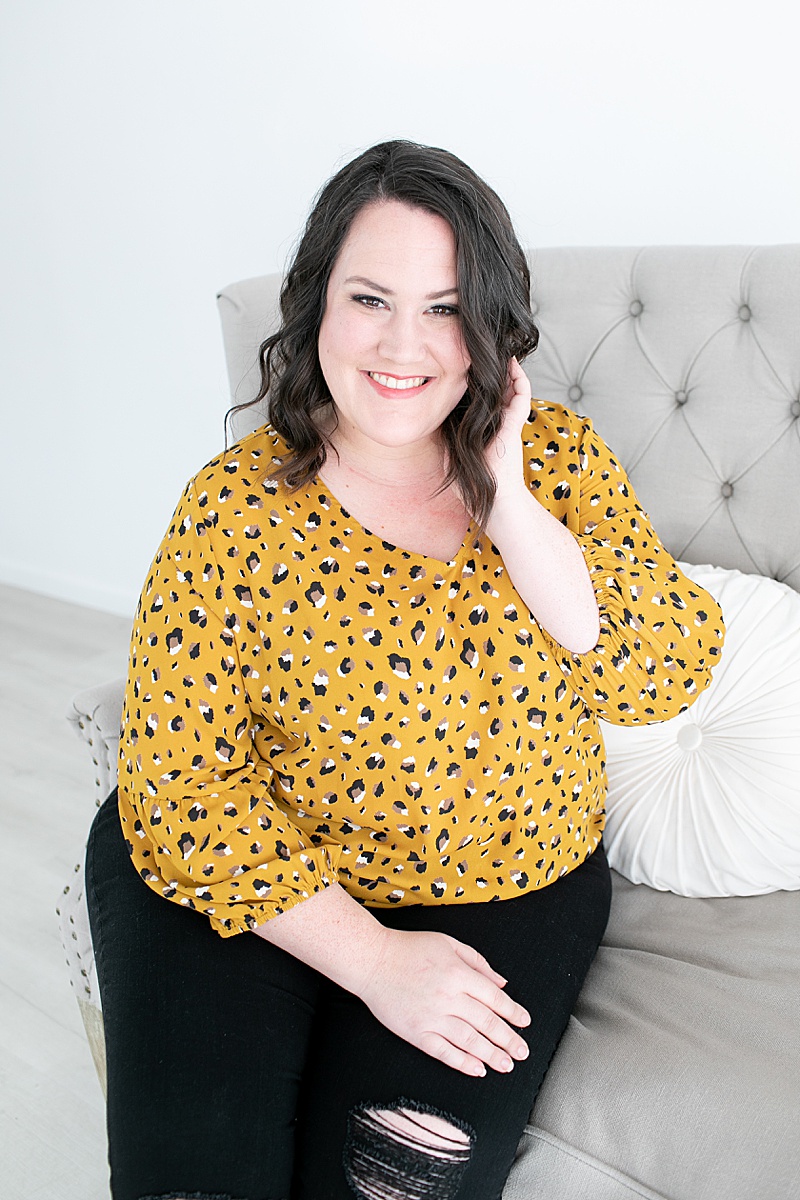 Fort Worth Branding Portraits in yellow top and black jeans