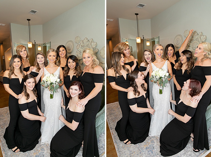bridesmaids in black dresses cheer for the bride