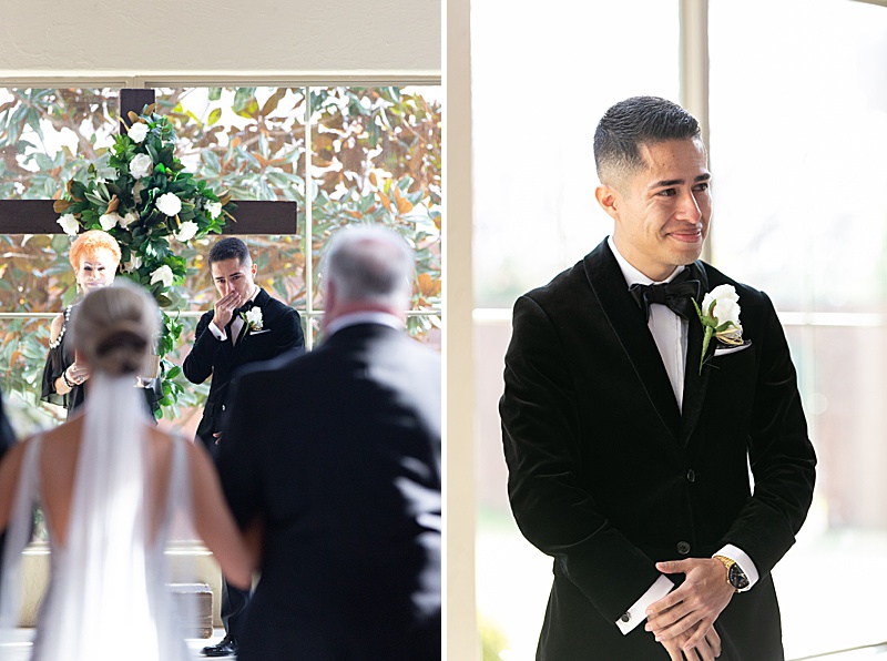 bride walks up to groom with dad and stepdad