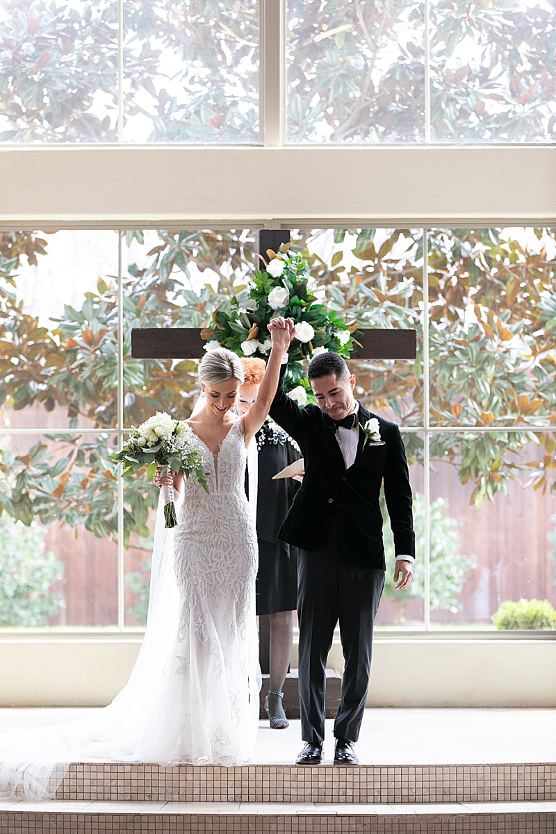 bride and groom cheer after Chapel at Ana Villa ceremony