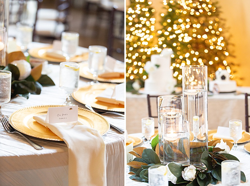 winter wedding place settings with gold plates