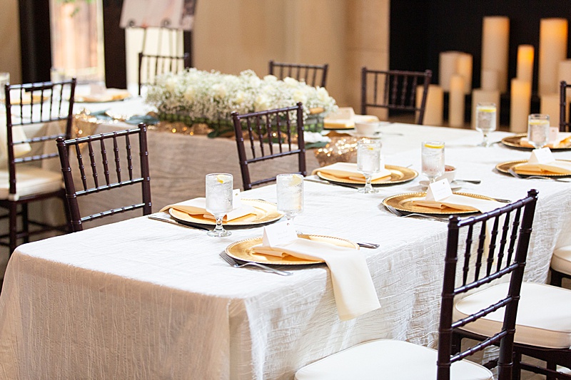 gold and ivory wedding reception details at Chapel at Ana Villa wedding reception