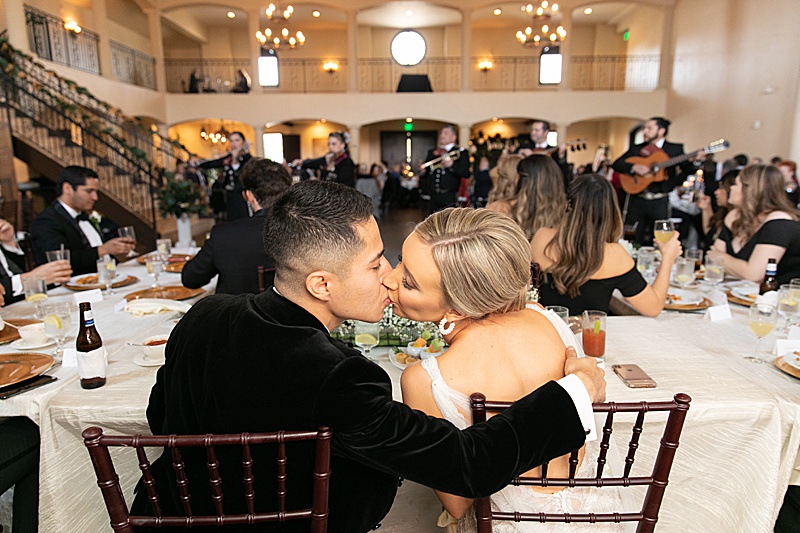 bride and groom kiss during Chapel at Ana Villa wedding reception