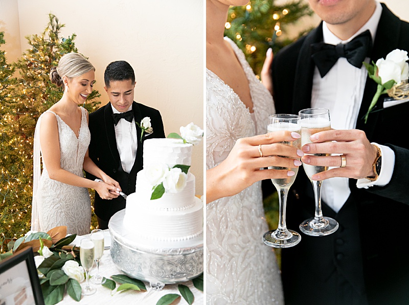 bride and groom cut wedding cake and toast champagne