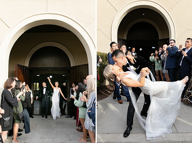bride and groom exit Chapel at Ana Villa wedding reception