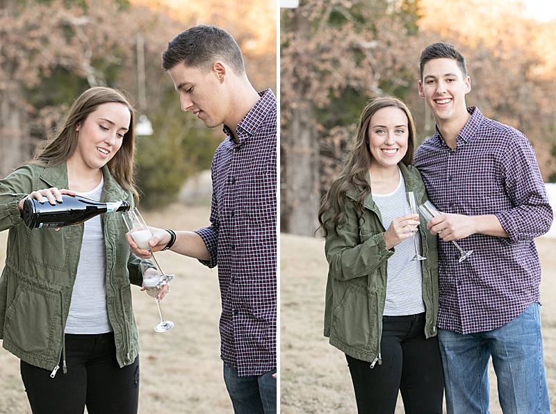 couple pours champagne to celebrate engagement
