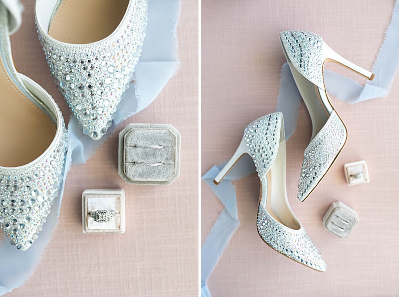 bride's silver shoes and wedding rings