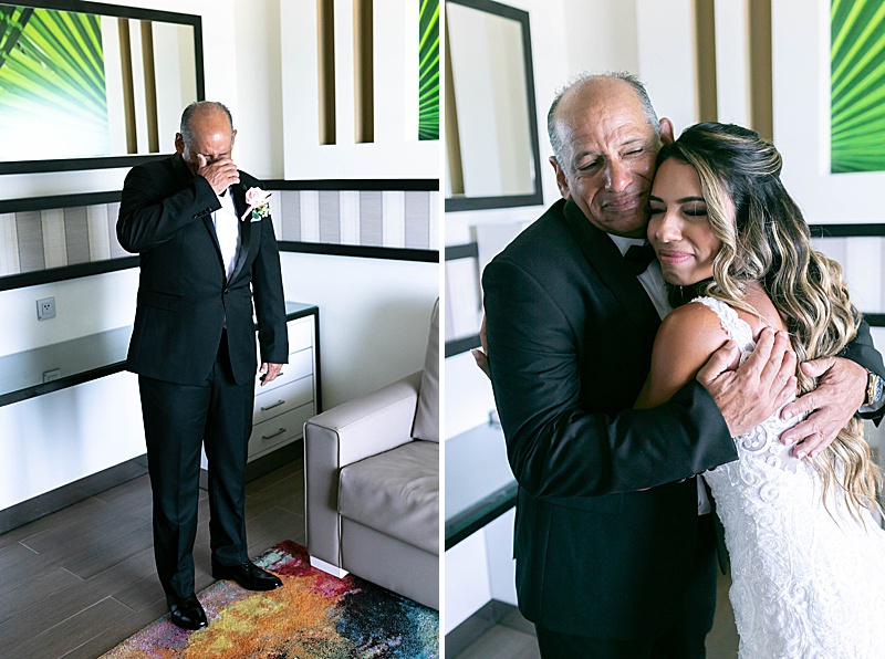 emotional first look in Cancun Mexico with bride and father