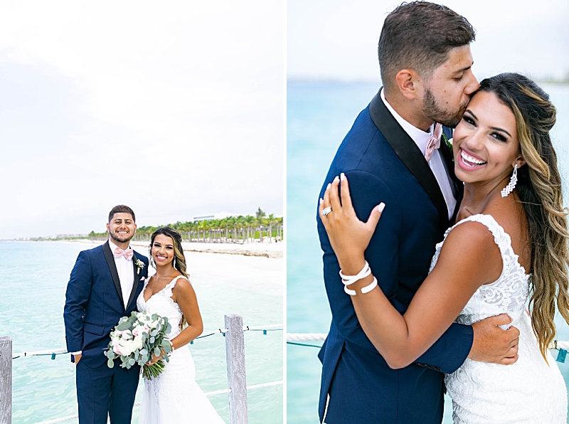 bride and groom hug along oceanfront in Cancun