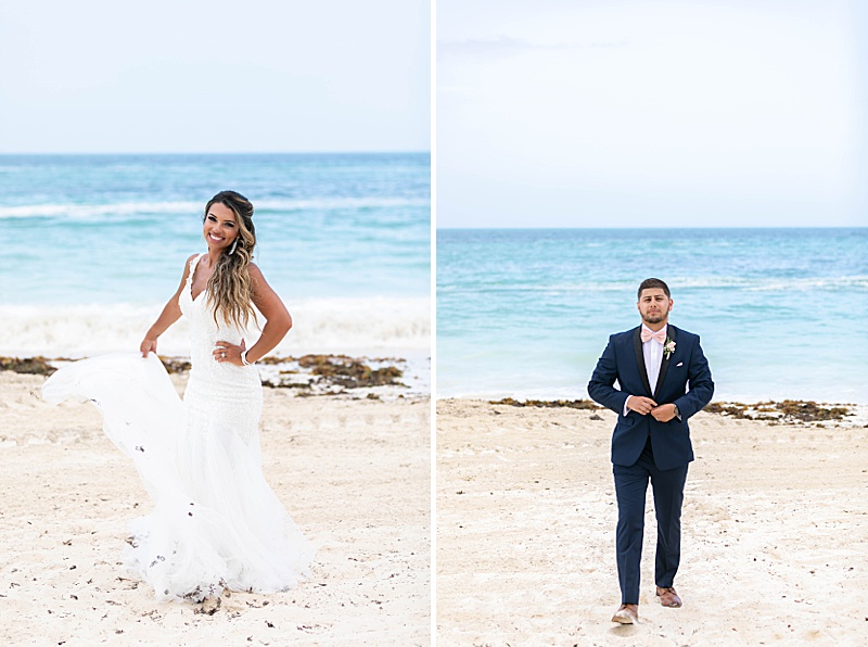 bride and groom pose on the beach in Mexico