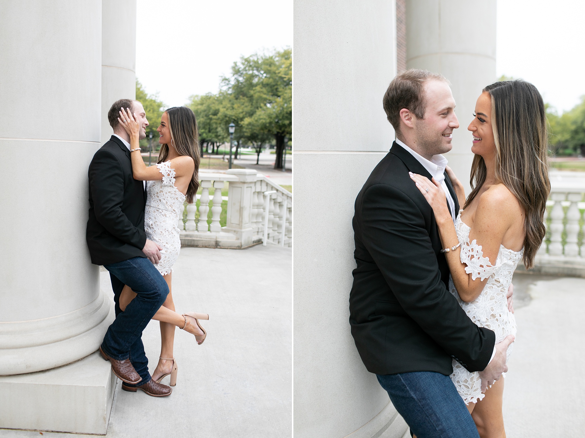 couple poses by pillars at SMU Dallas
