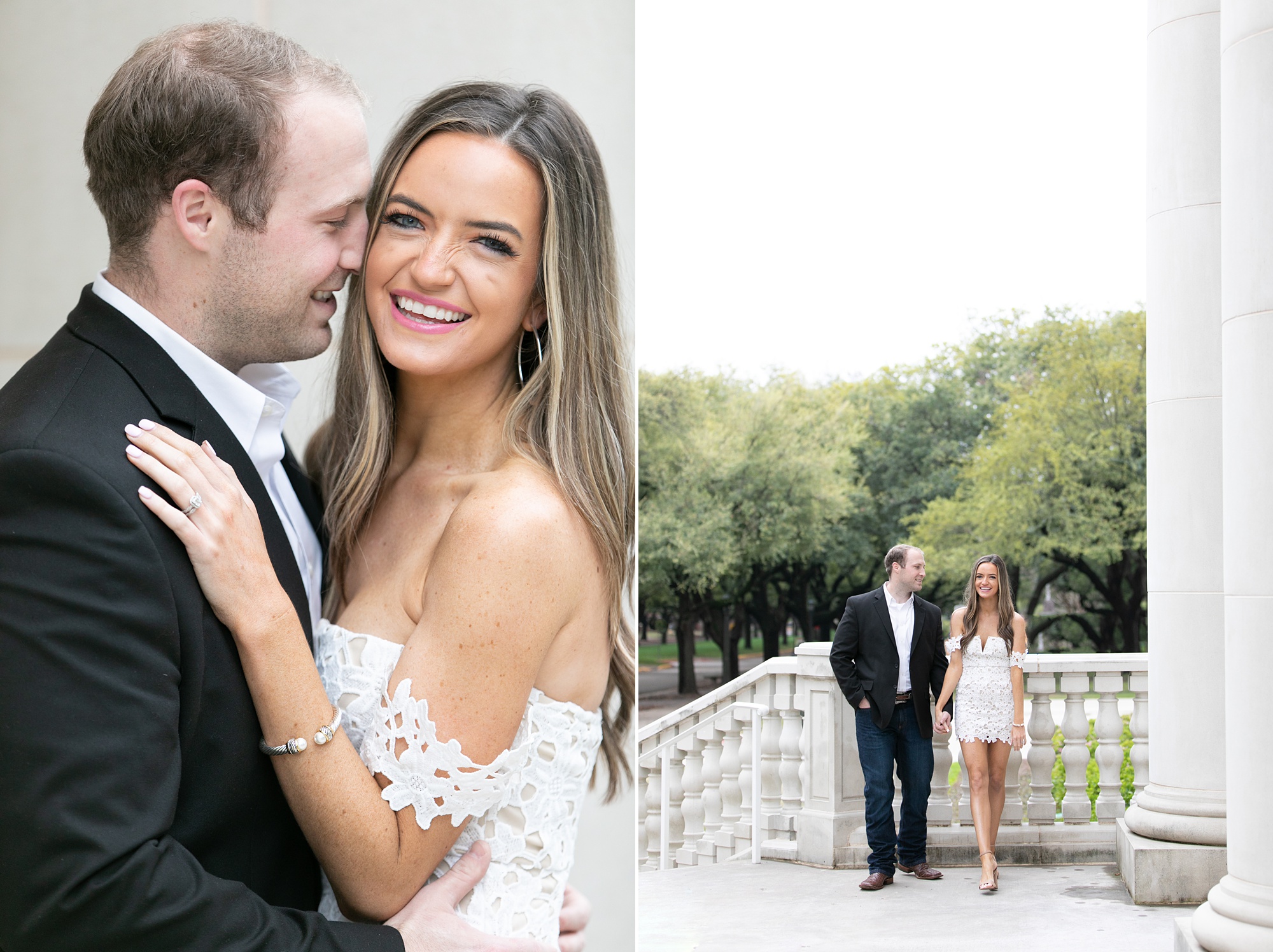 engaged couple walks on balcony at SMU Dallas building