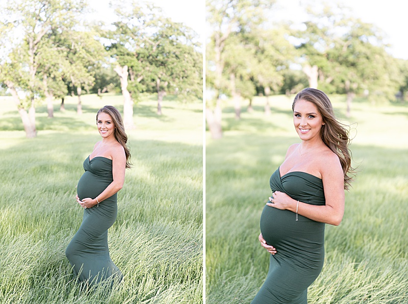 mom in green gown holds baby belly in TX field