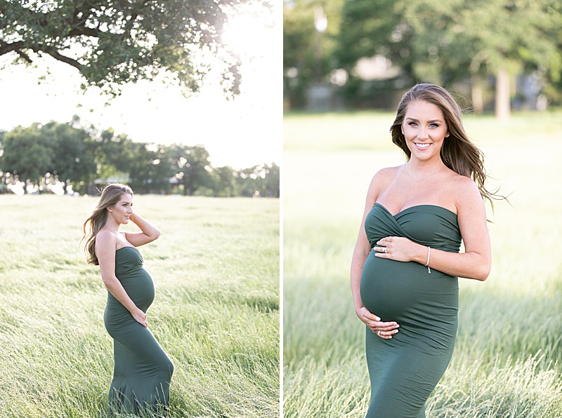 Summer Maternity Portraits at sunset with mom in green maternity dress