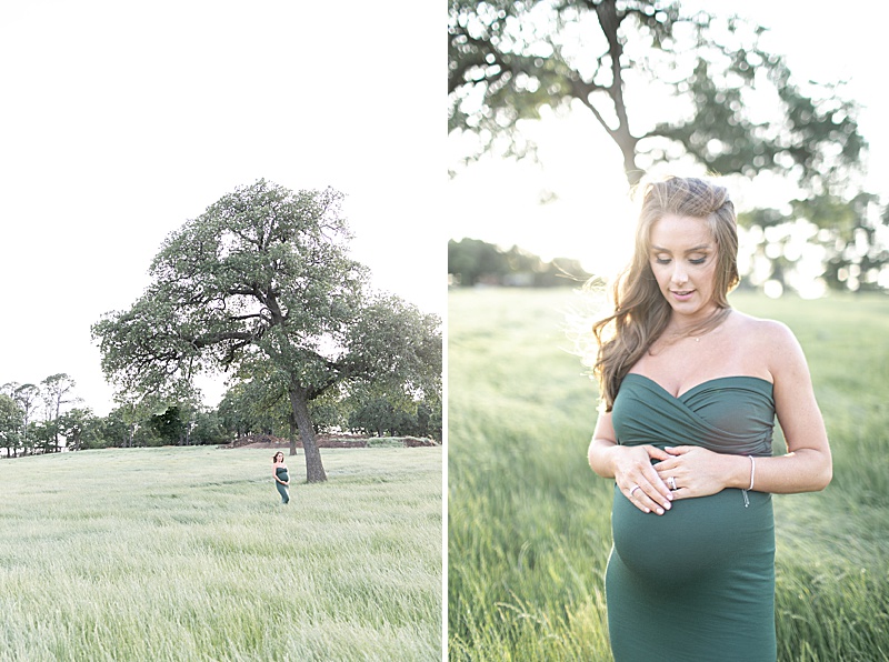 sunset maternity portraits of mom holding baby belly