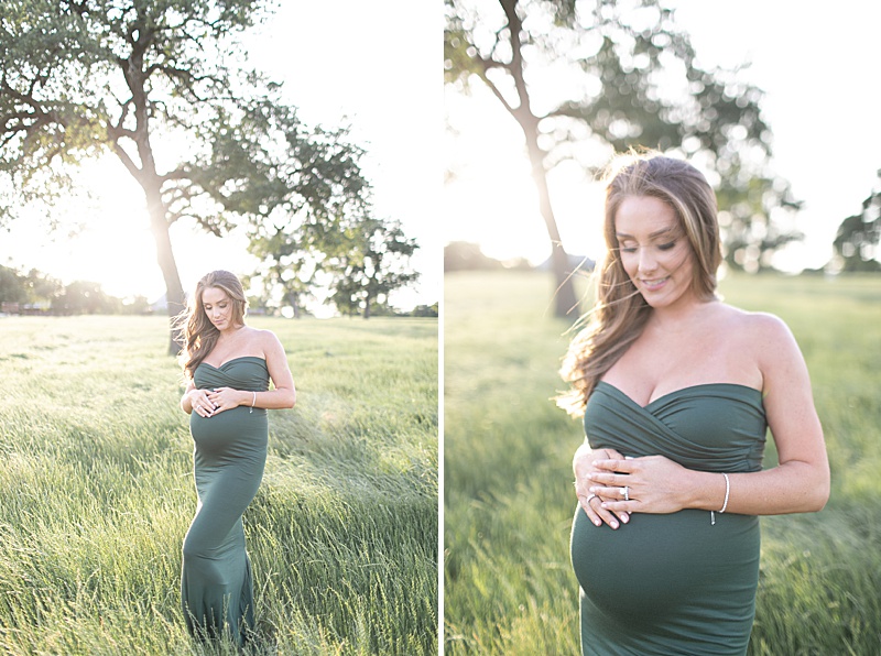 expecting mother holds belly during Texas maternity session