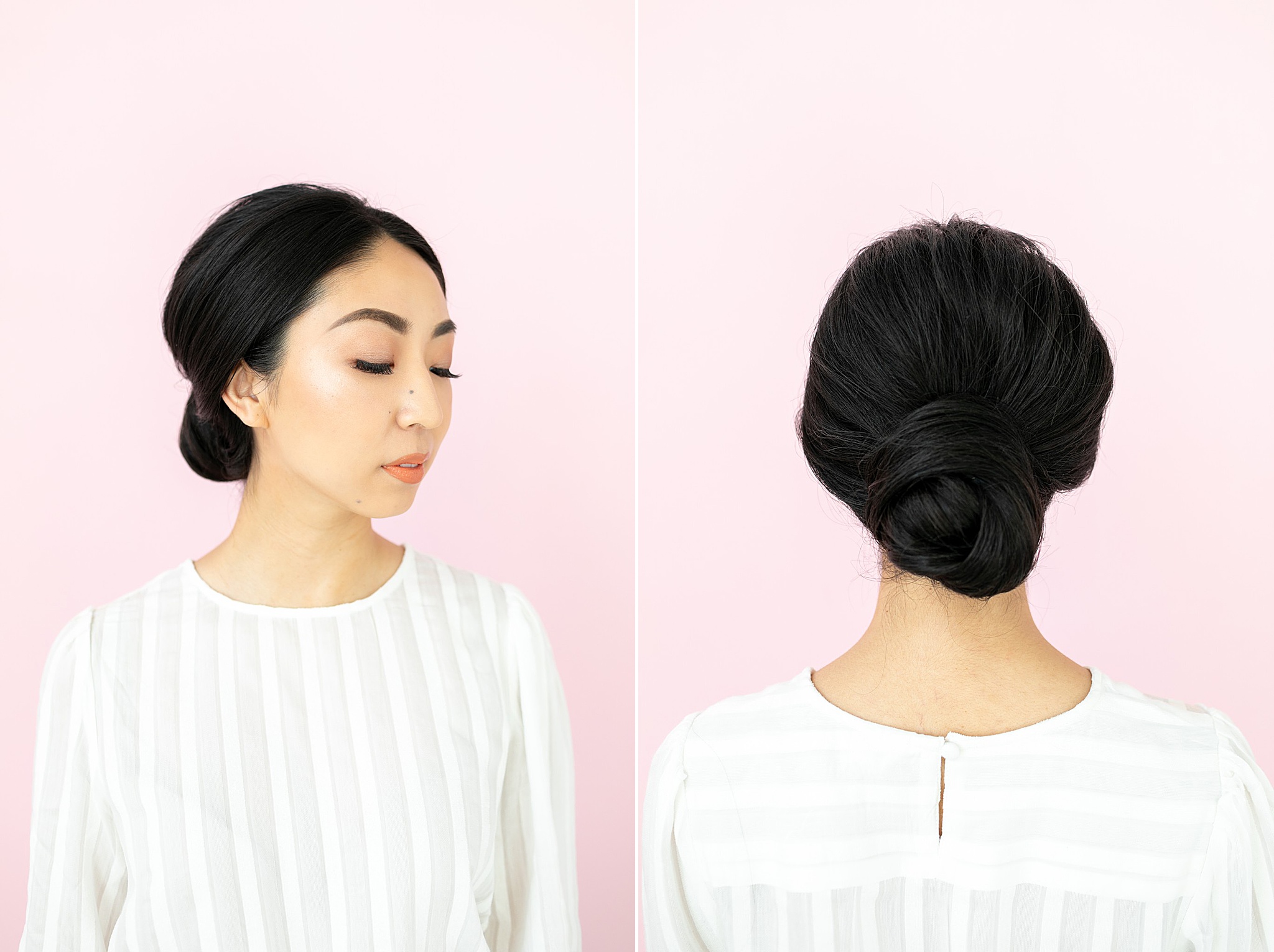 Asian model shows off bun for Brite Beauty