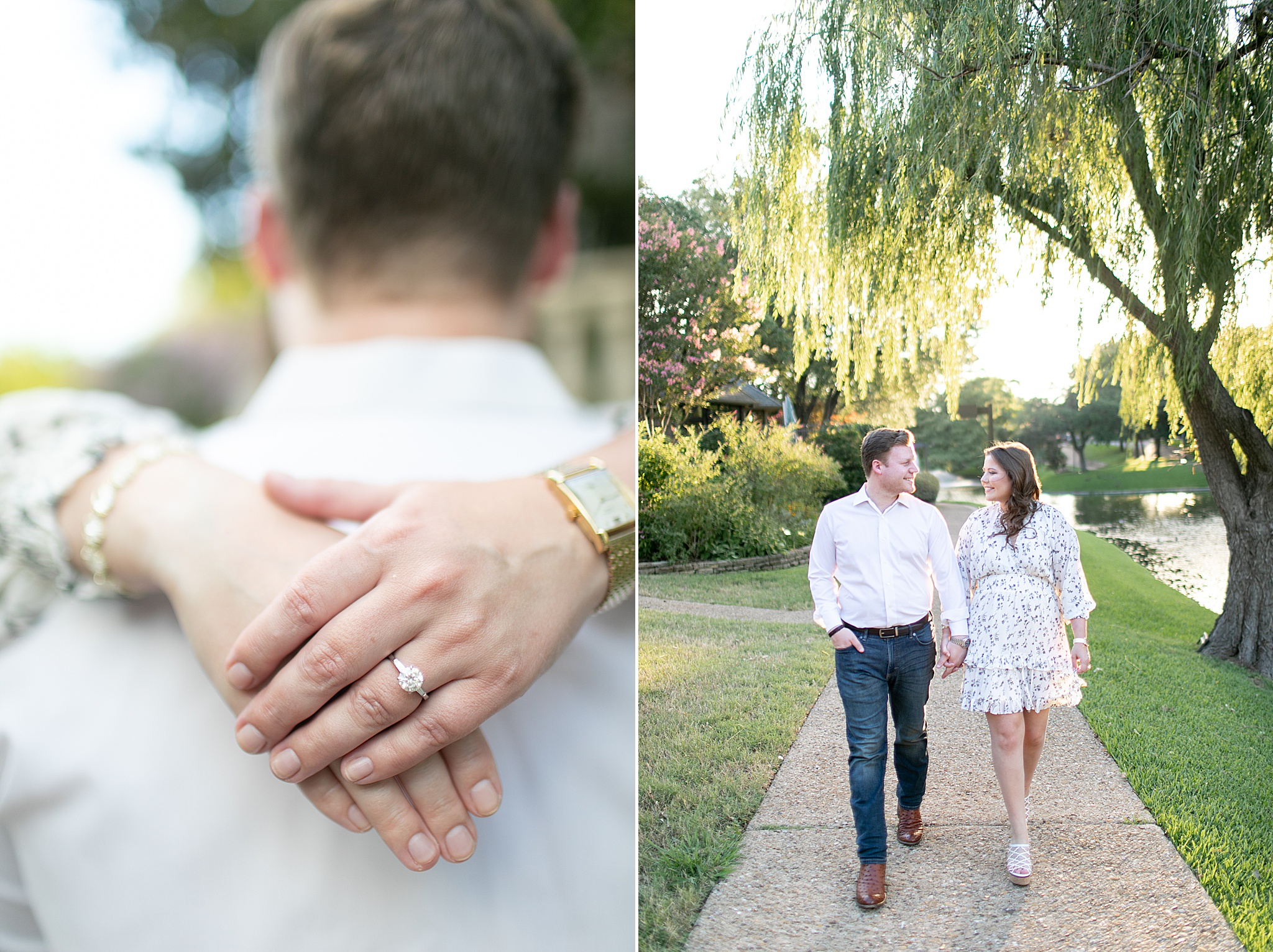 bride shows off engagement ring behind groom's back during Texas engagement session