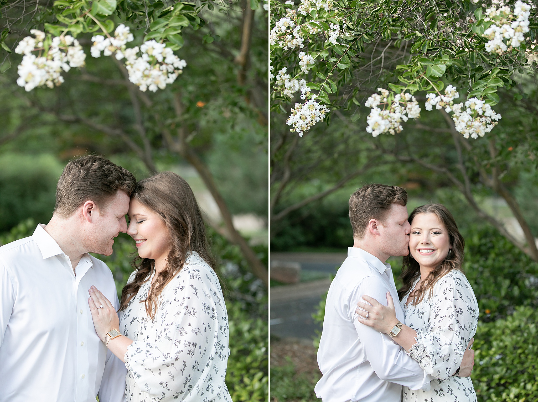 Texas engagement session under tree with white flowers