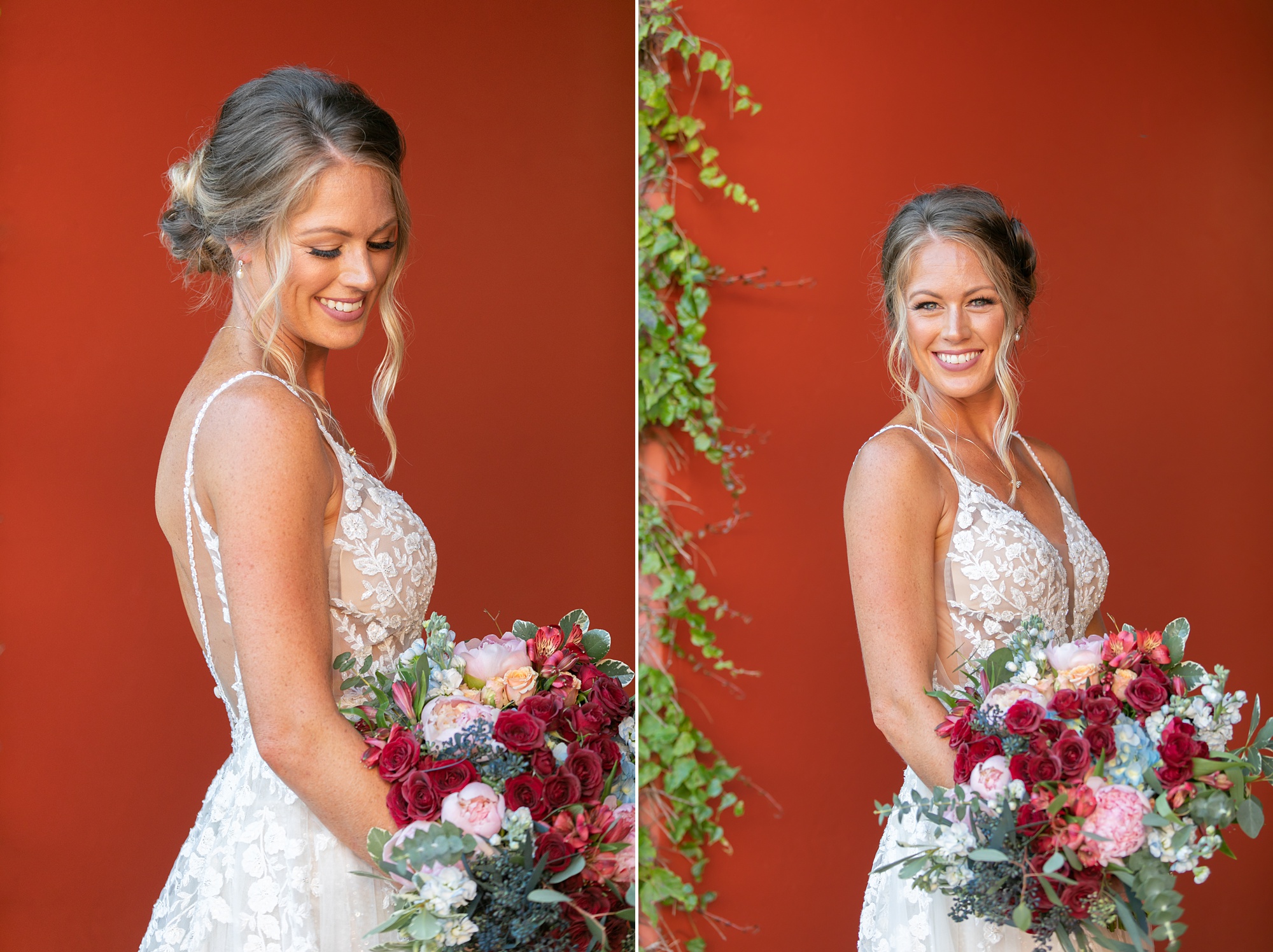 bride holds bouquet and looks over shoulder