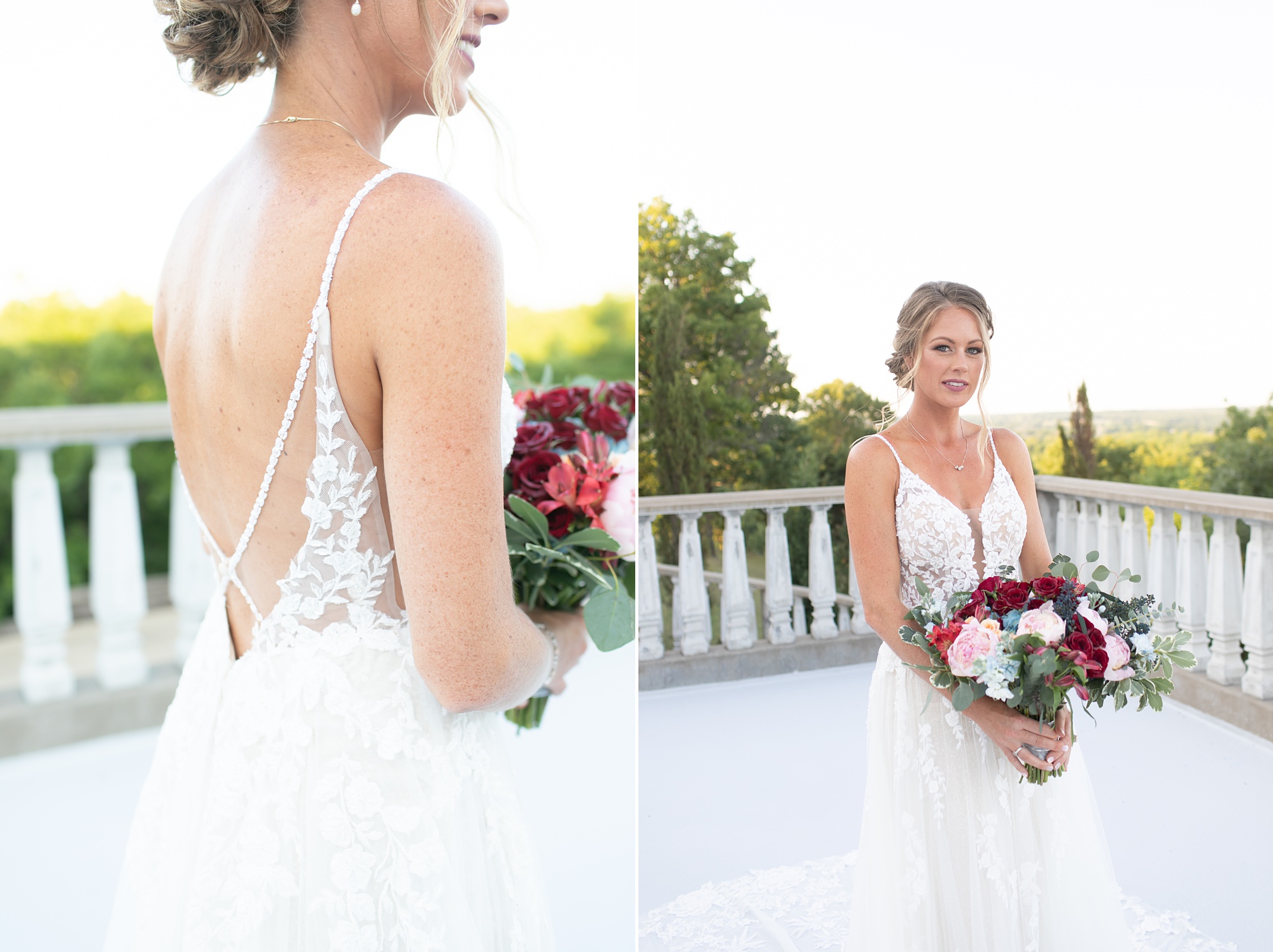 bride poses in lace back wedding gown