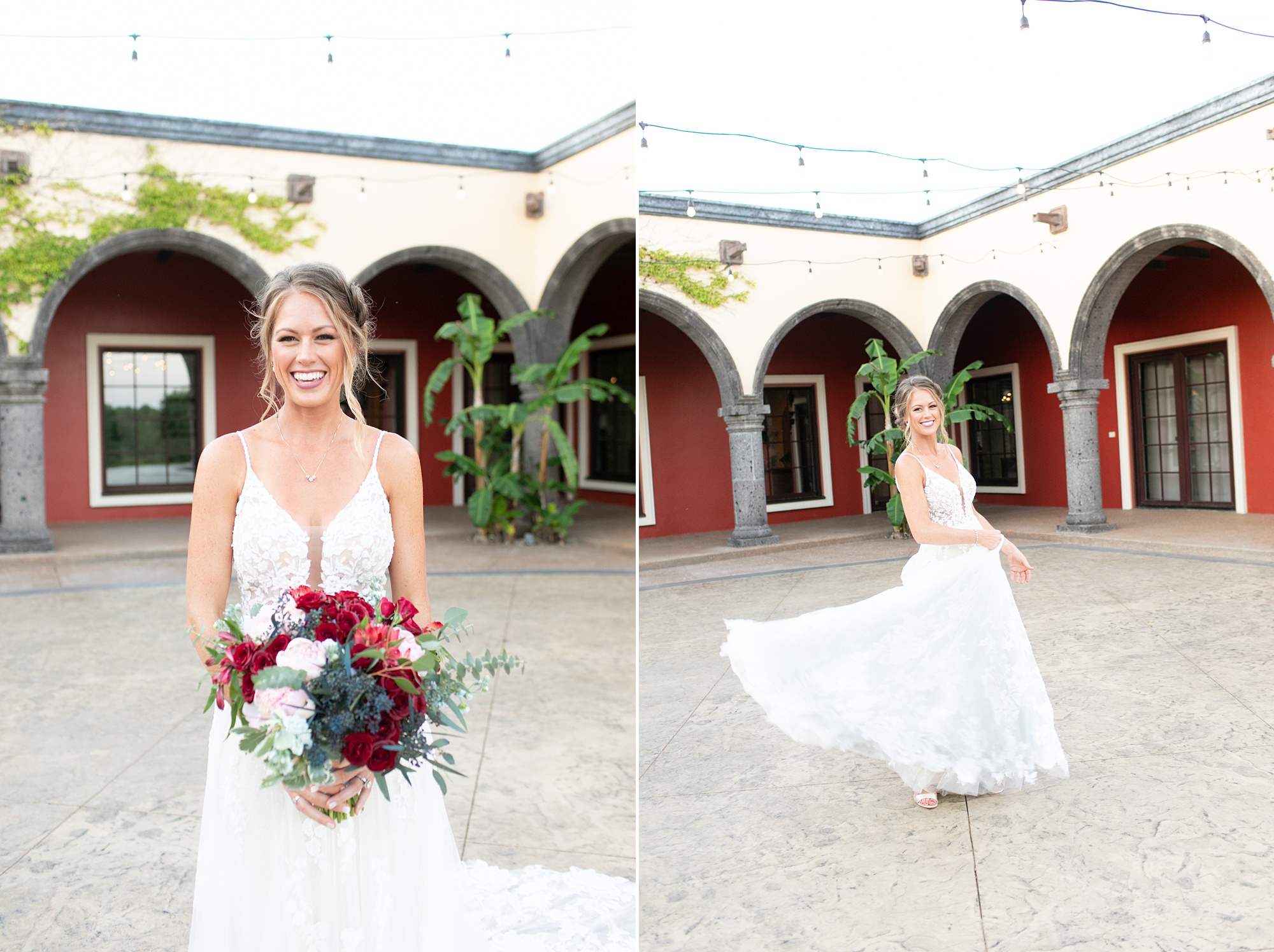 bride twirls in courtyard at Stoney Ridge Villa