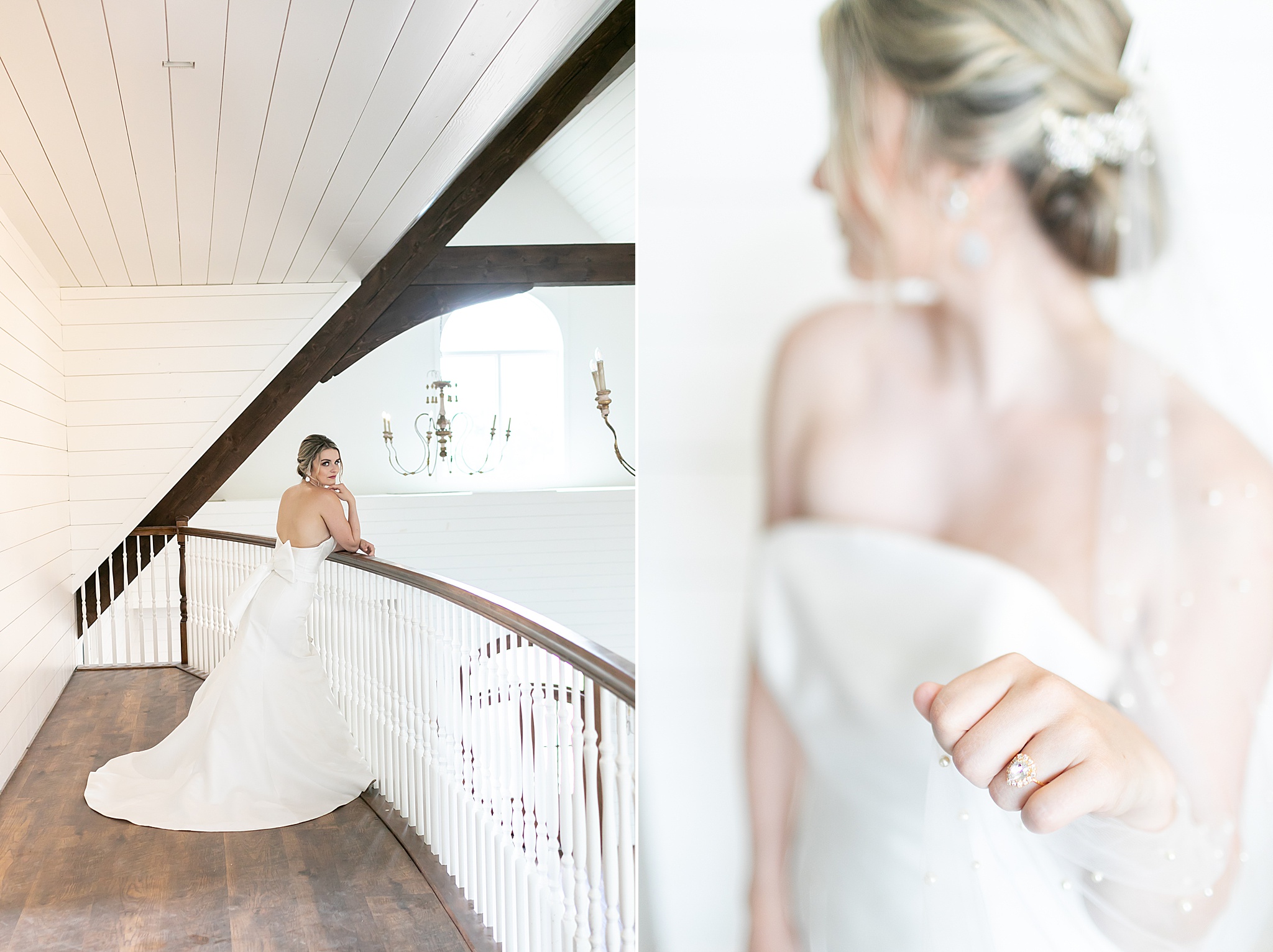 bride poses in balcony of The French Farmhouse