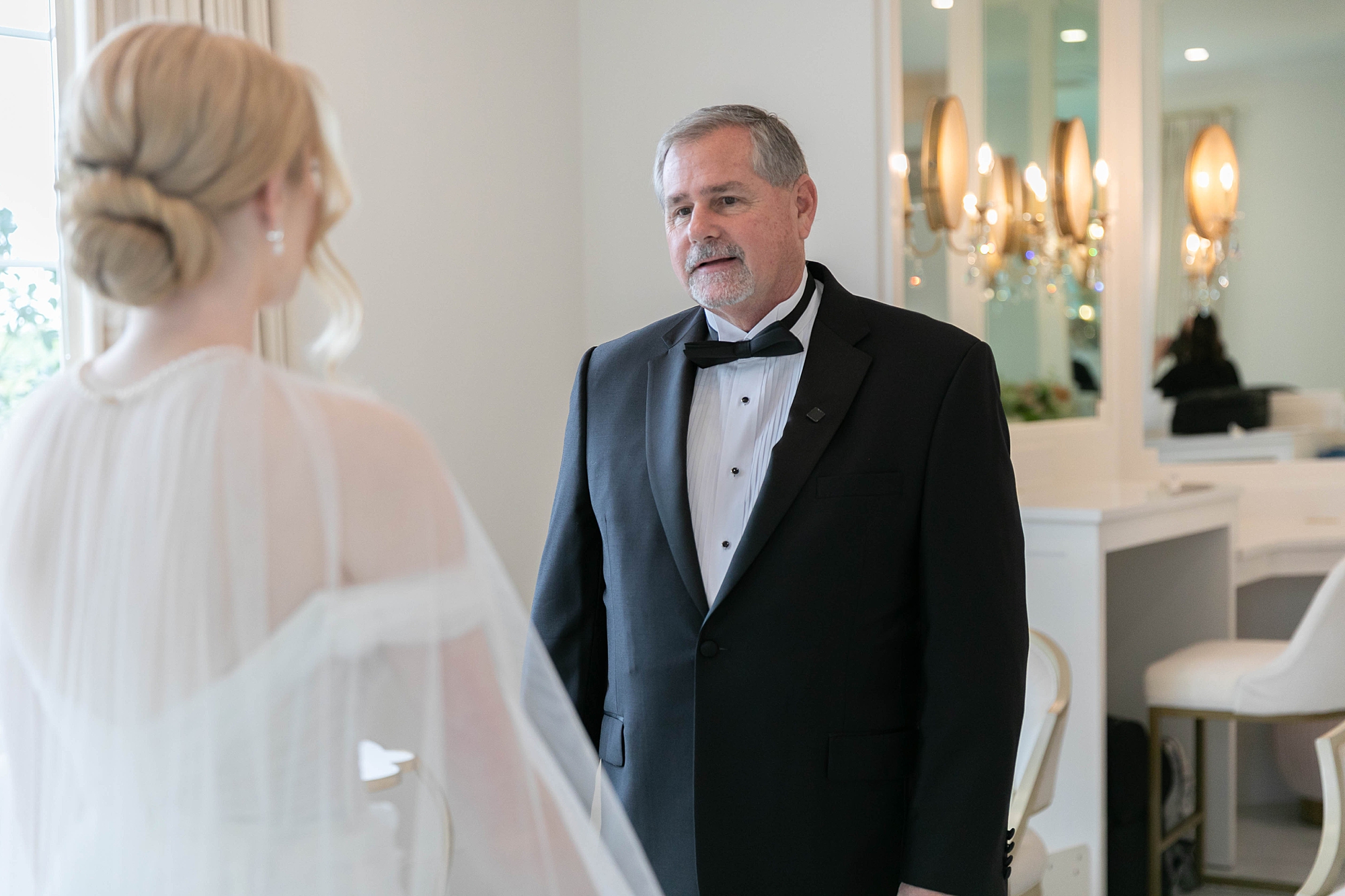 bride approaches dad for first look before wedding at the Hillside Estate
