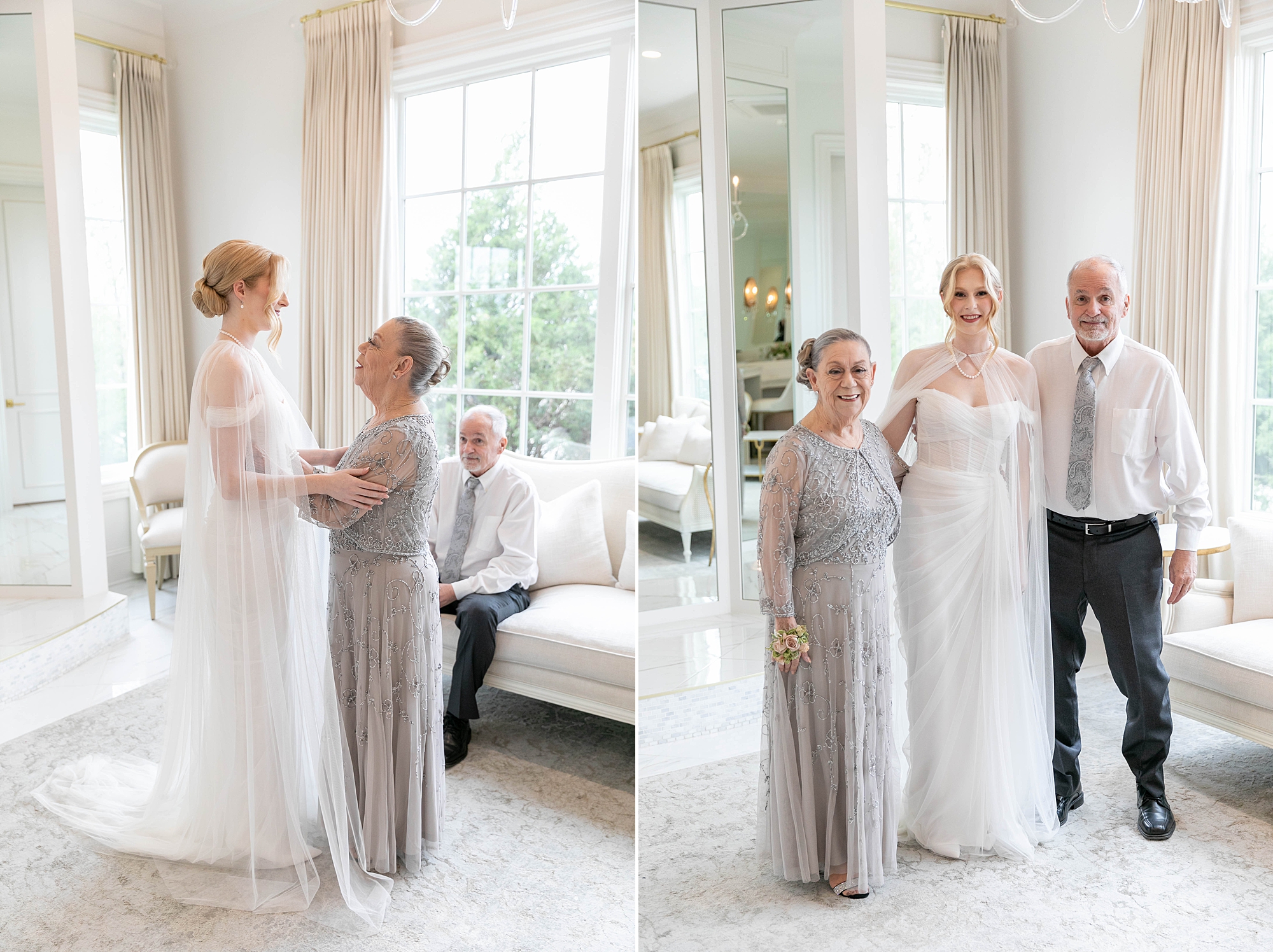 bride smiles at mother and father during prep at the Hillside Estate