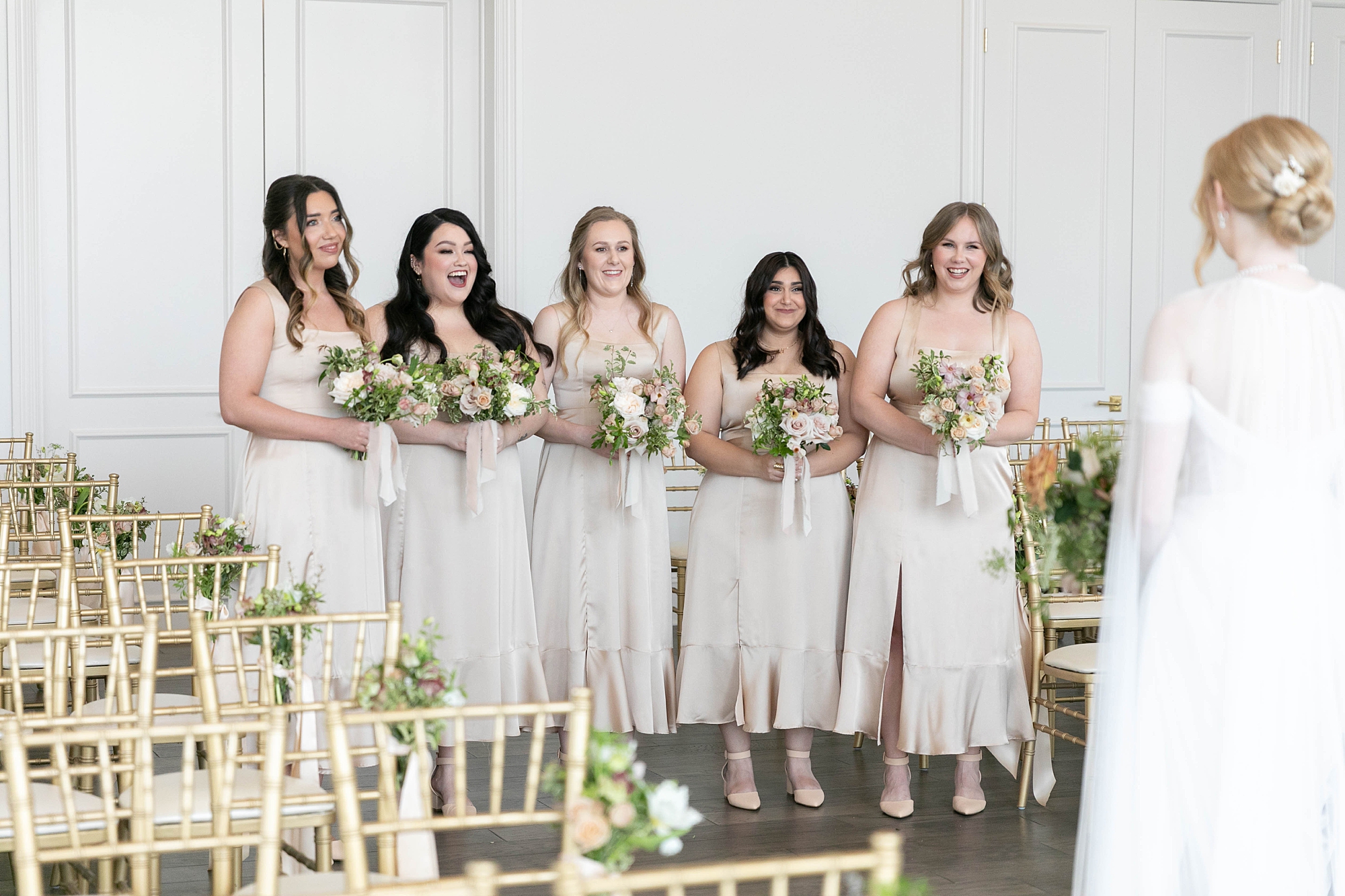 bridesmaids react to seeing bride during first look at the Hillside Estate