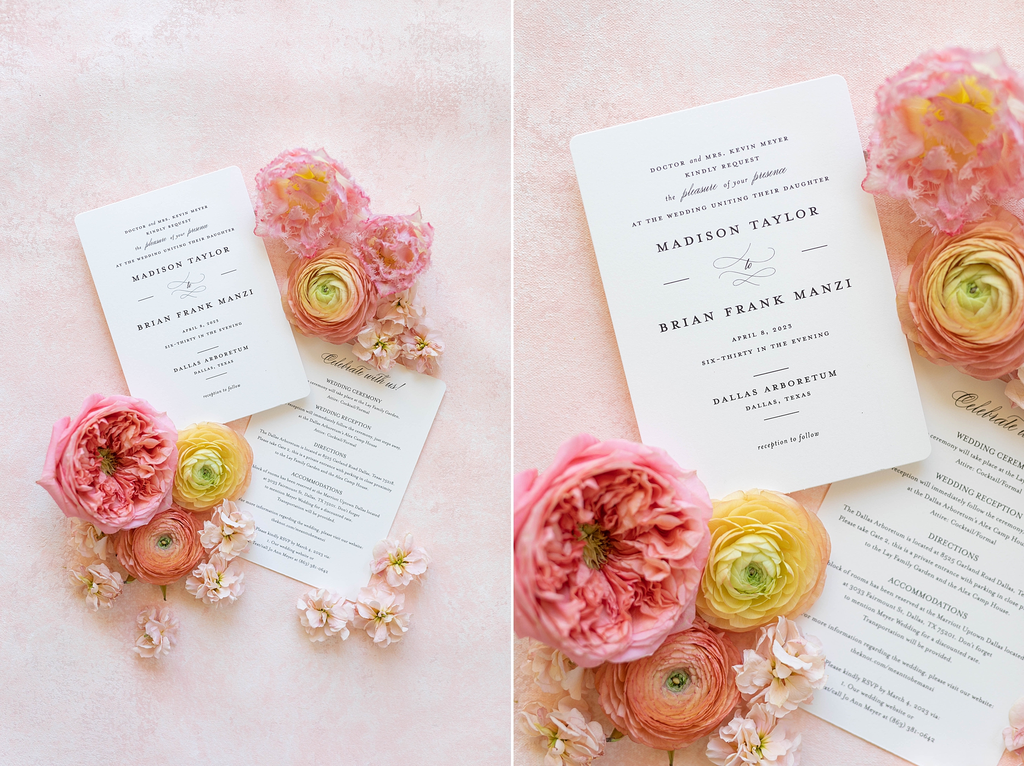 invitation suite rests between pink and orange flowers 