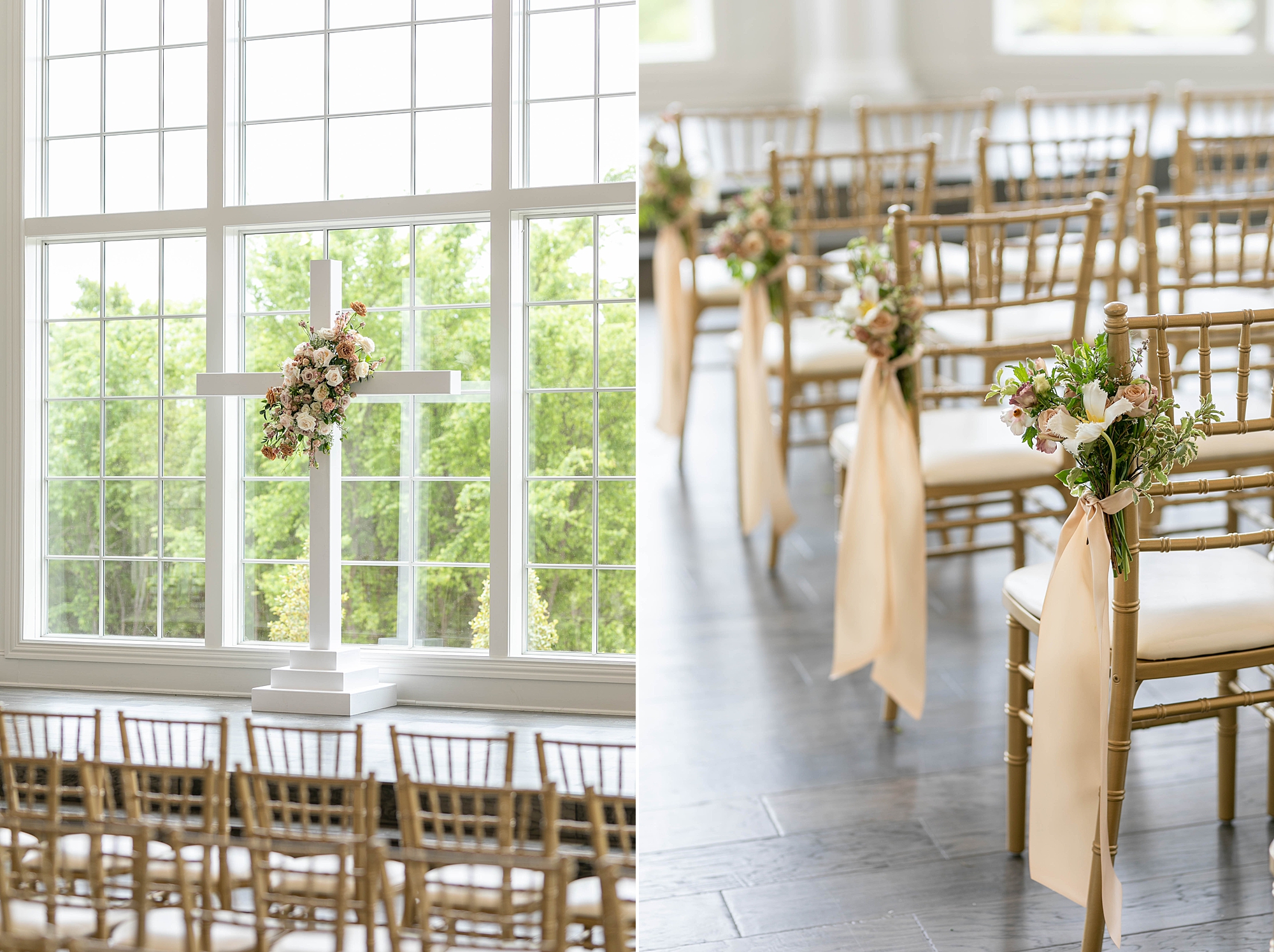peach ribbons and muted flowers rest on end of gold chivari chair rows 