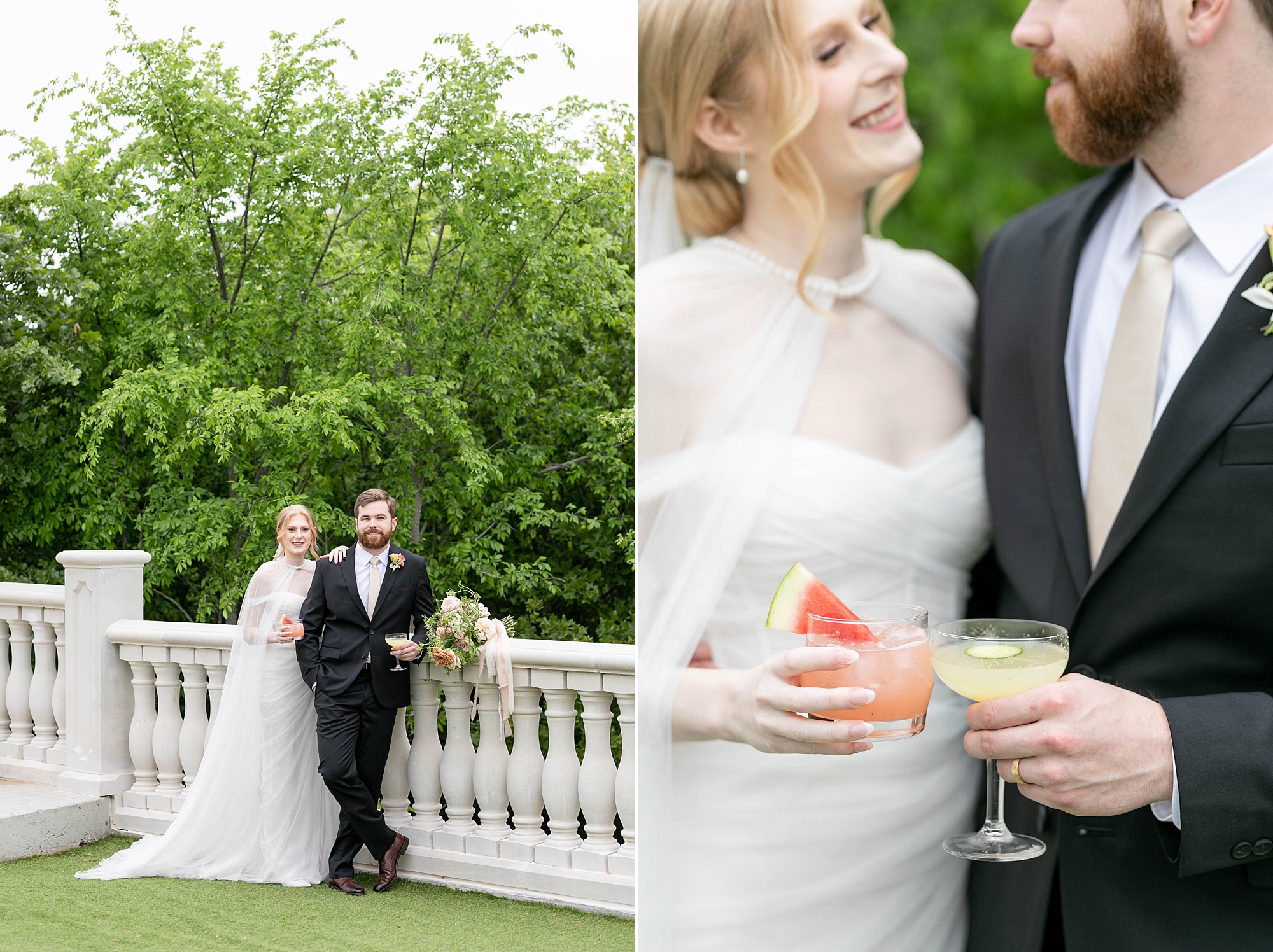 bride and groom hold custom cocktails talking on patio outside the Hillside Estate