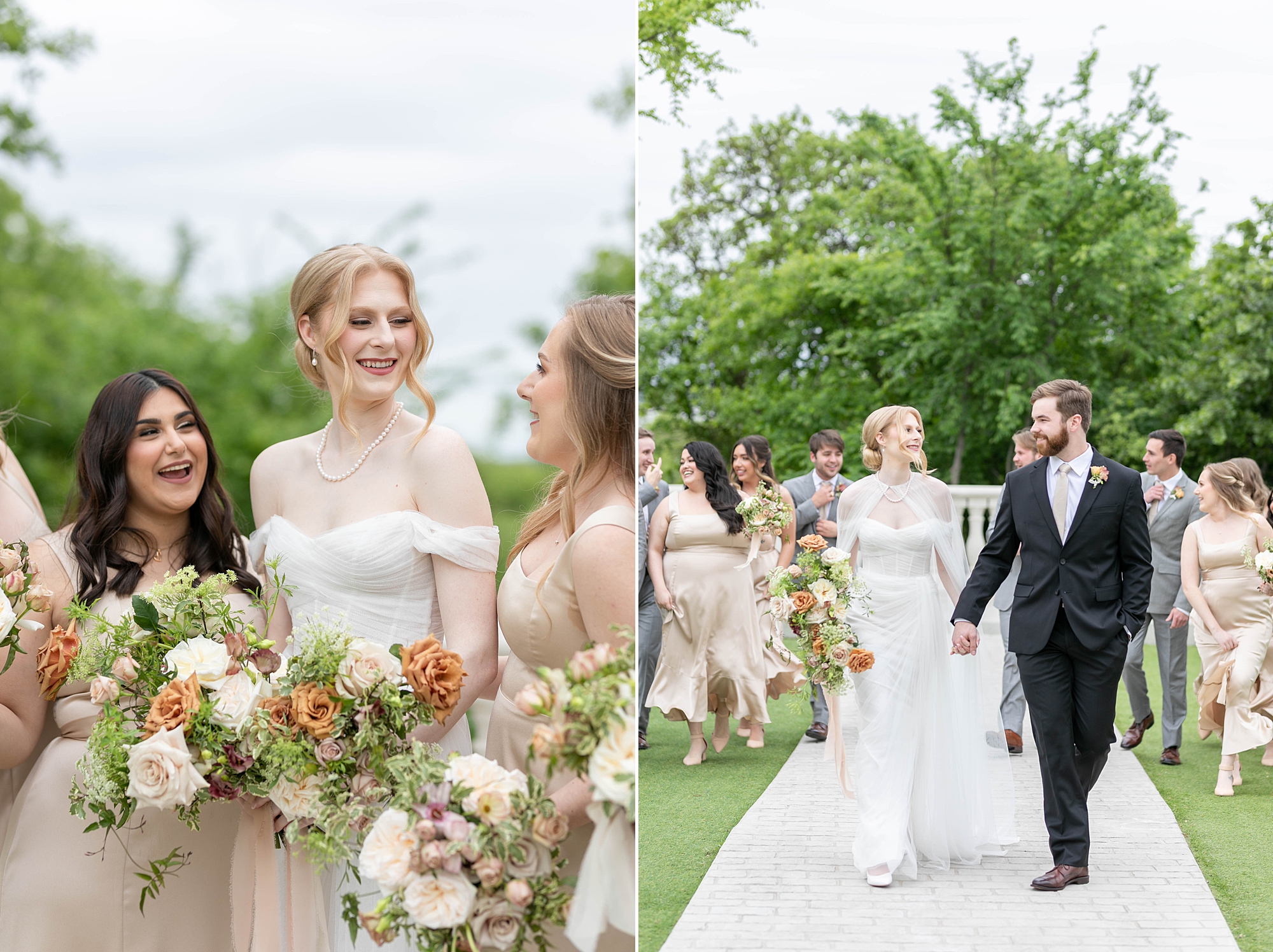 bride smiles at bridesmaids holding bouquet of muted roses 