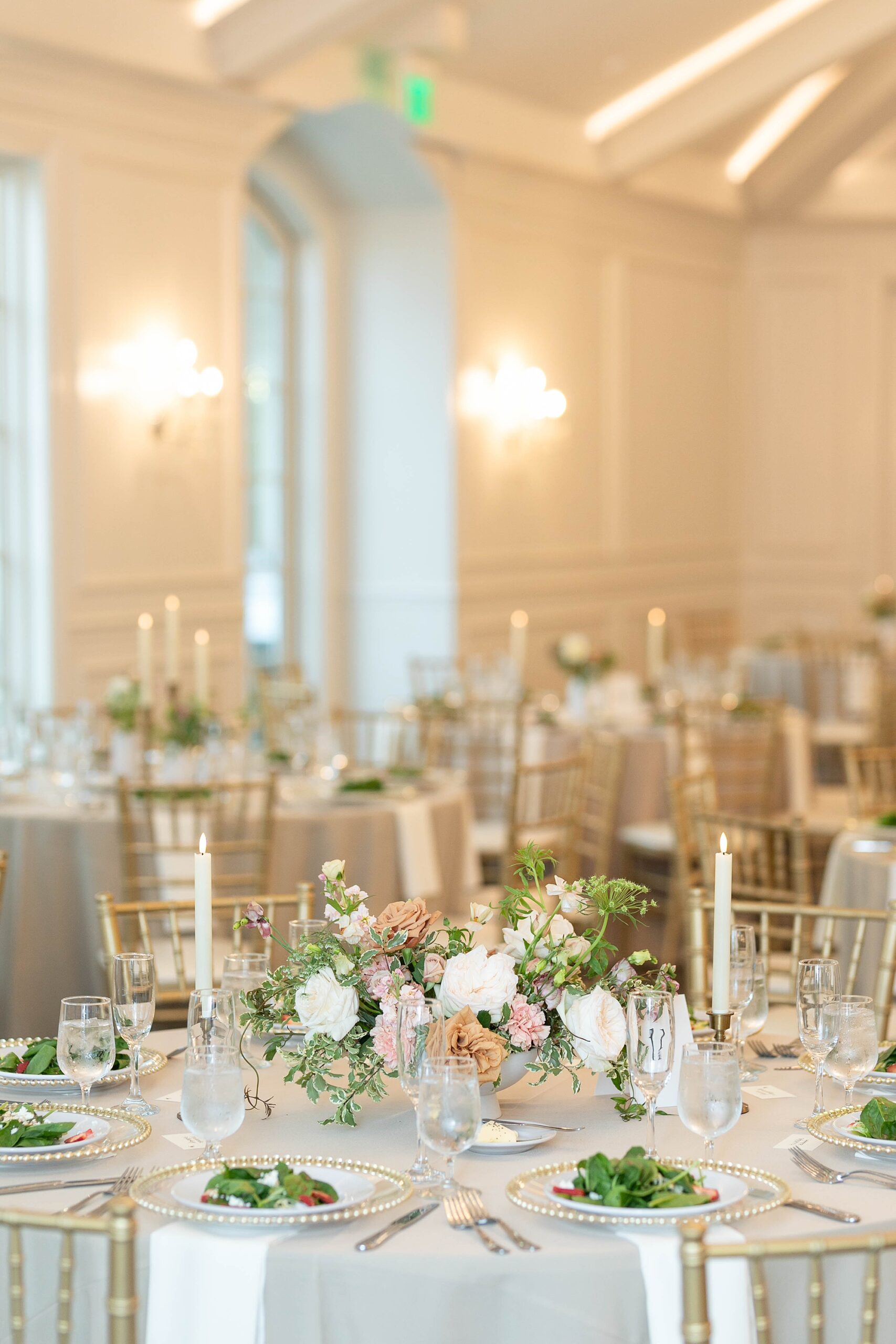 Denton TX wedding reception with gold accents and muted flowers 