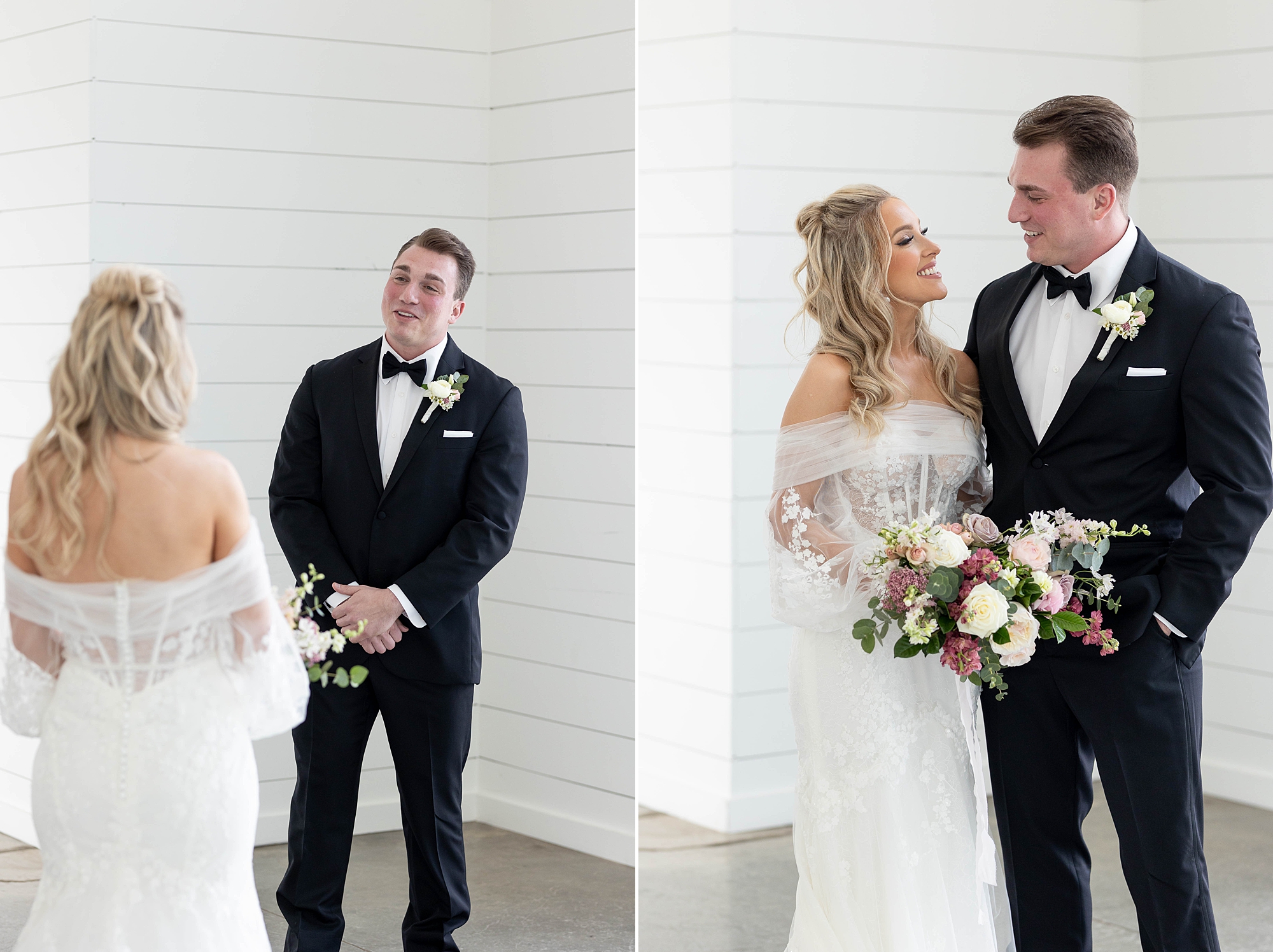 bride and groom have first look during wedding day at the Gardenia