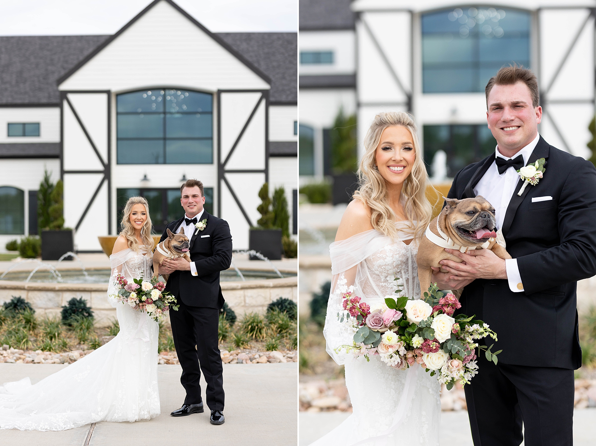bride and groom stand holding puppy outside the Gardenia