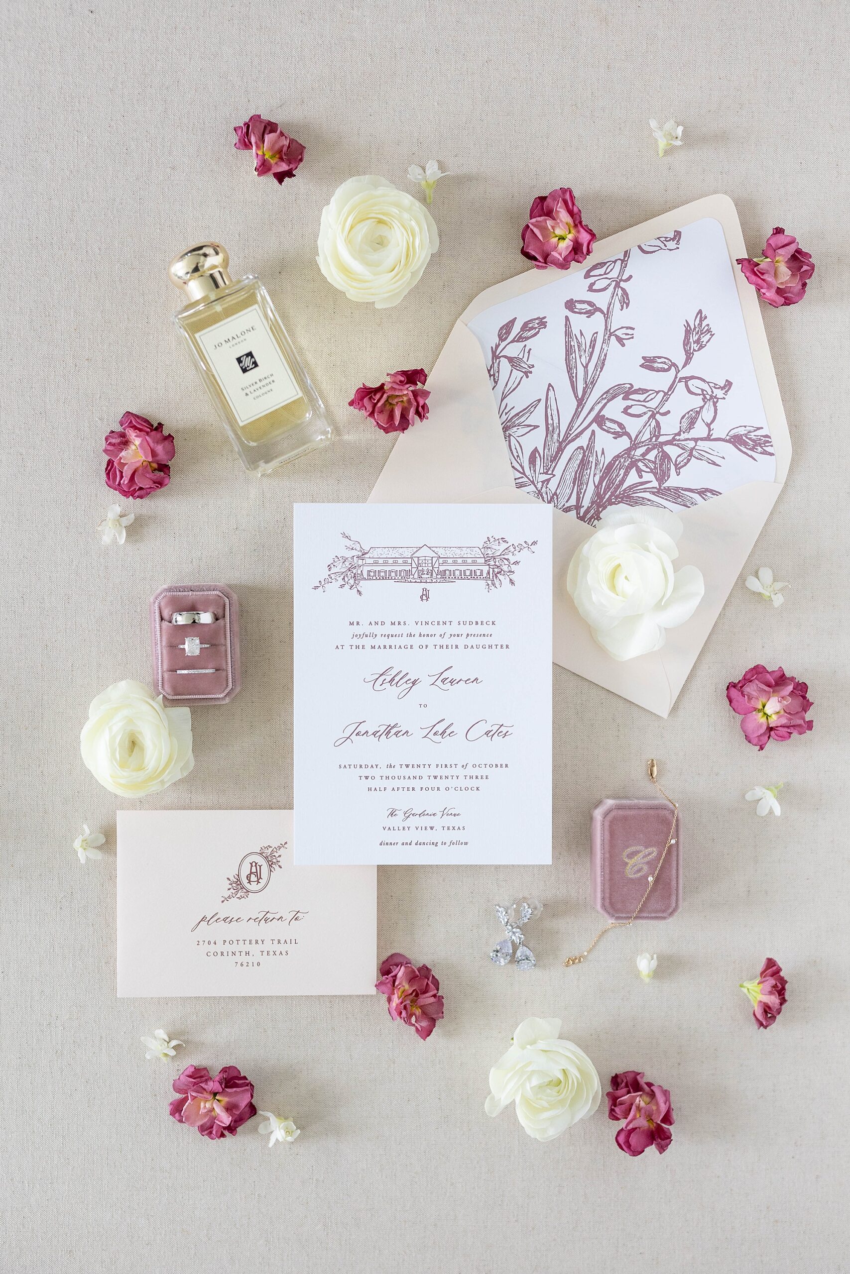 pink and mauve invitation suite for fall wedding at the Gardenia 