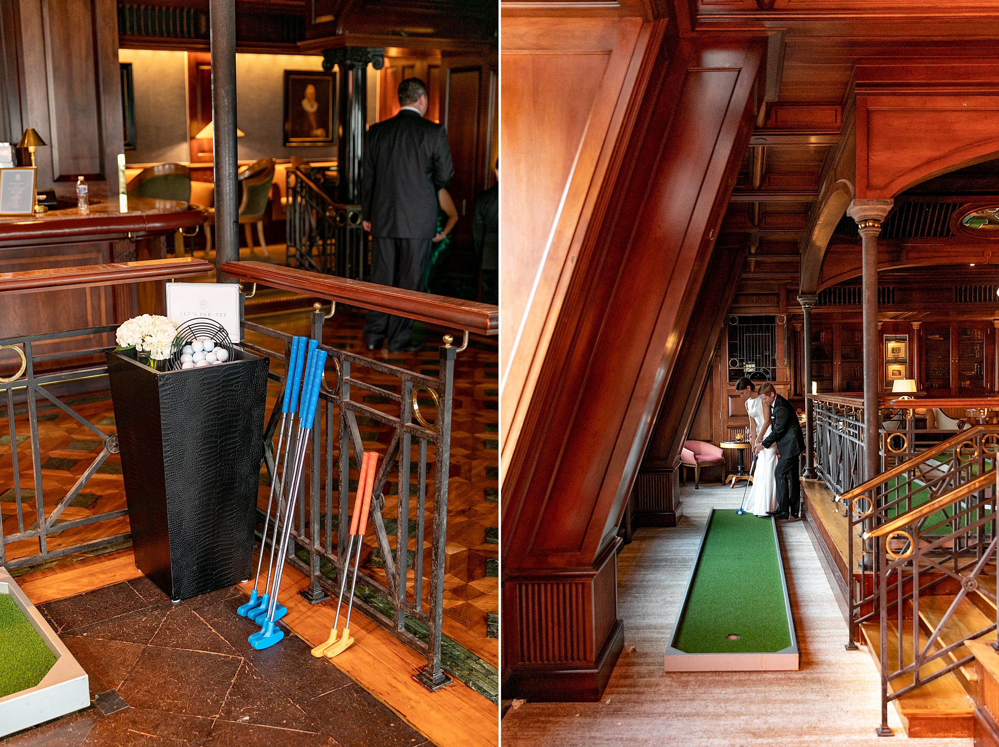 golf station setup inside the Hotel Crescent Court for wedding reception 