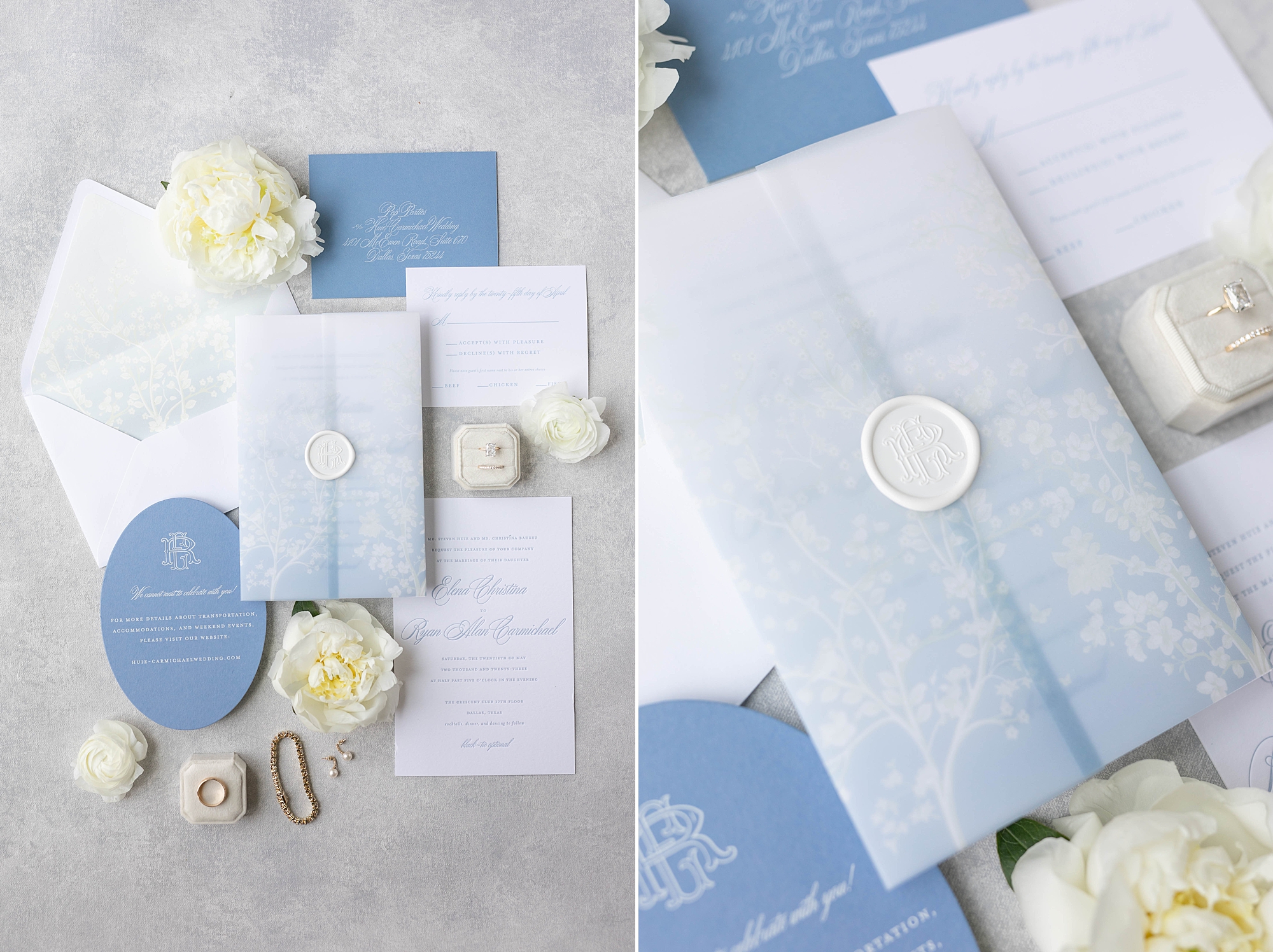 blue and white invitation suite with wax seal lays with hydrangea and white roses