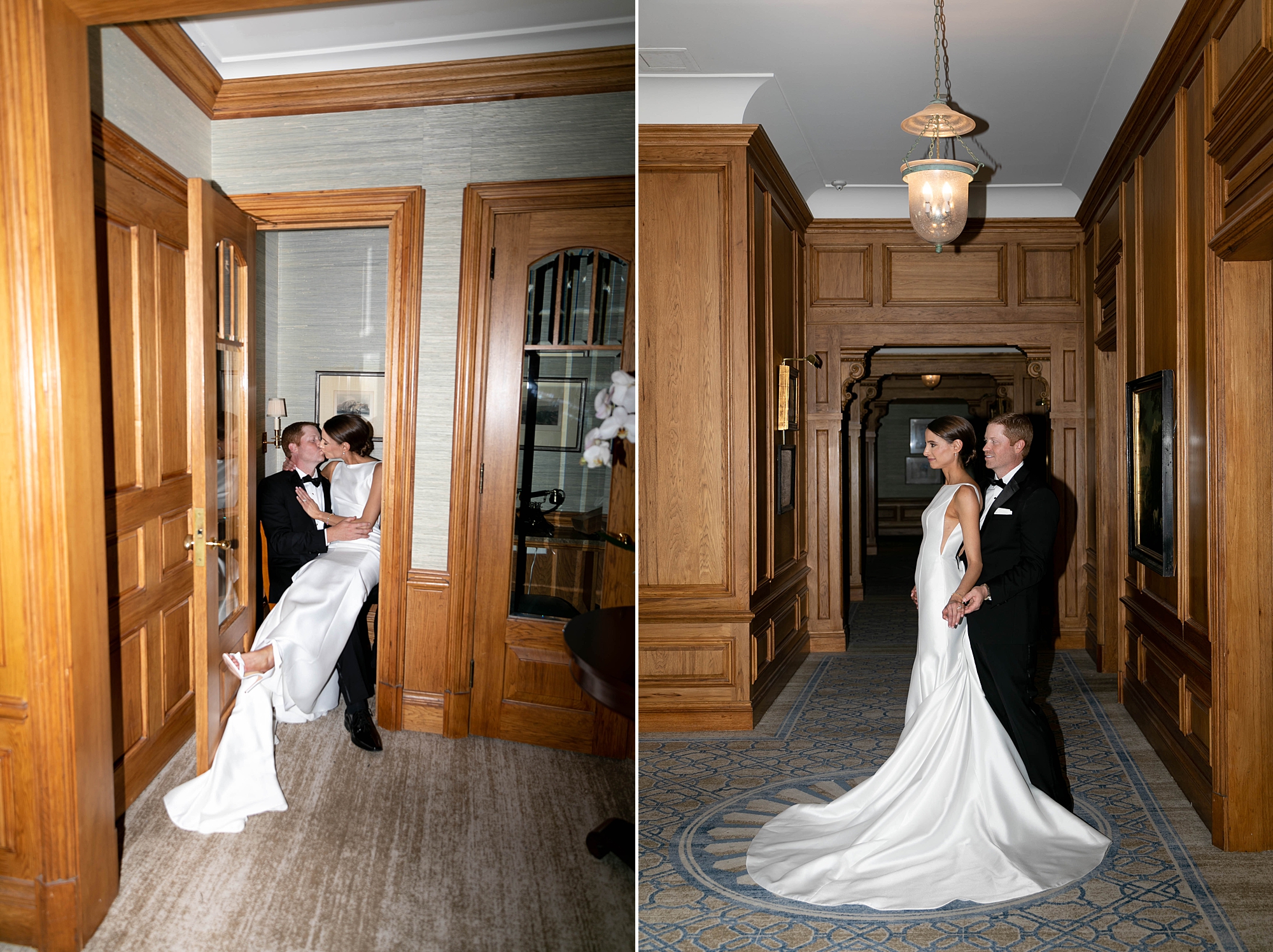 bride and groom kiss in wood lined hallway at the Hotel Crescent Court