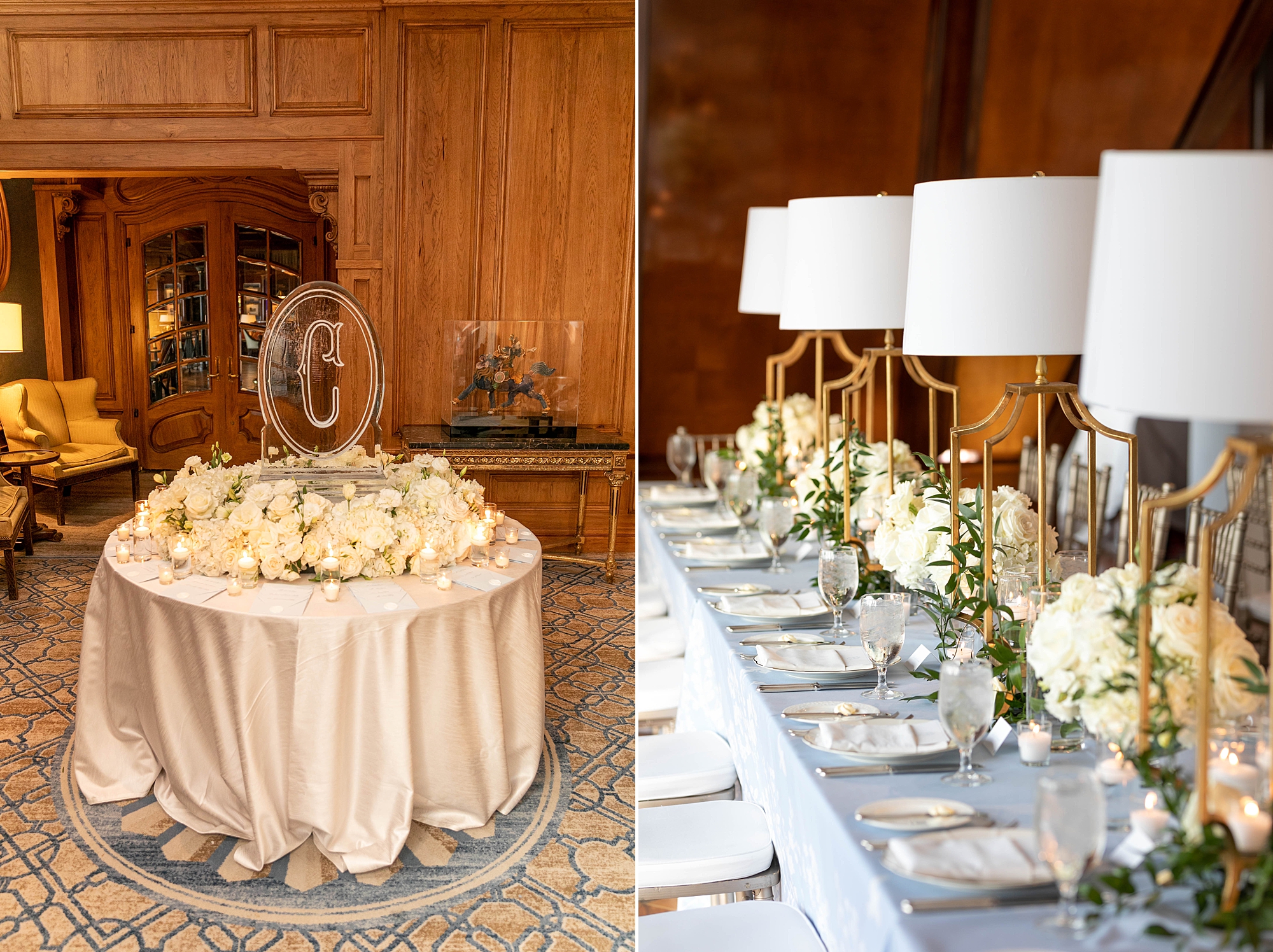 wedding reception at the Crescent Club with ivory flowers and long family style seating 