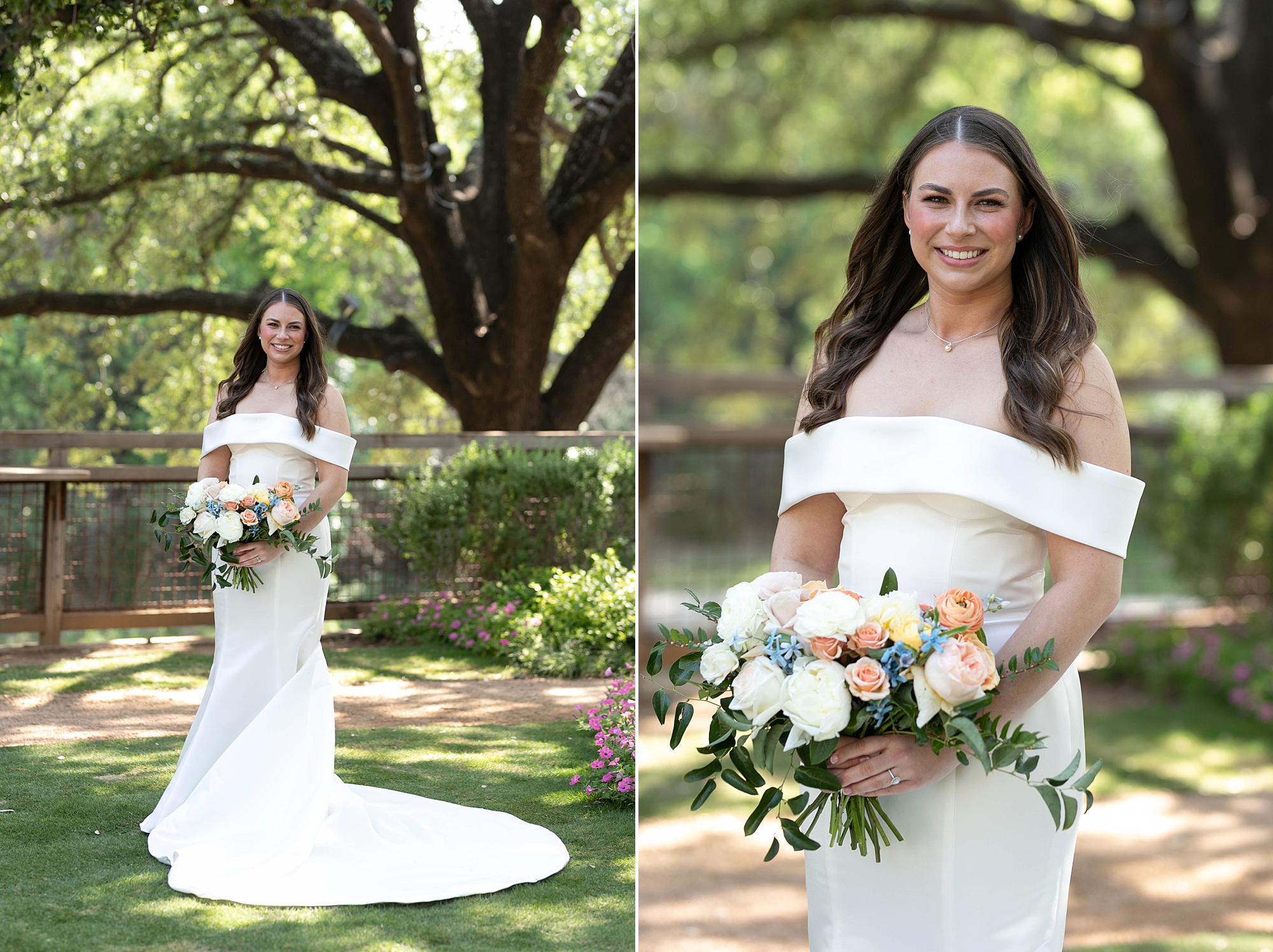 brunette bride holds bouquet of pastel flowers for spring wedding at the Hotel Drover