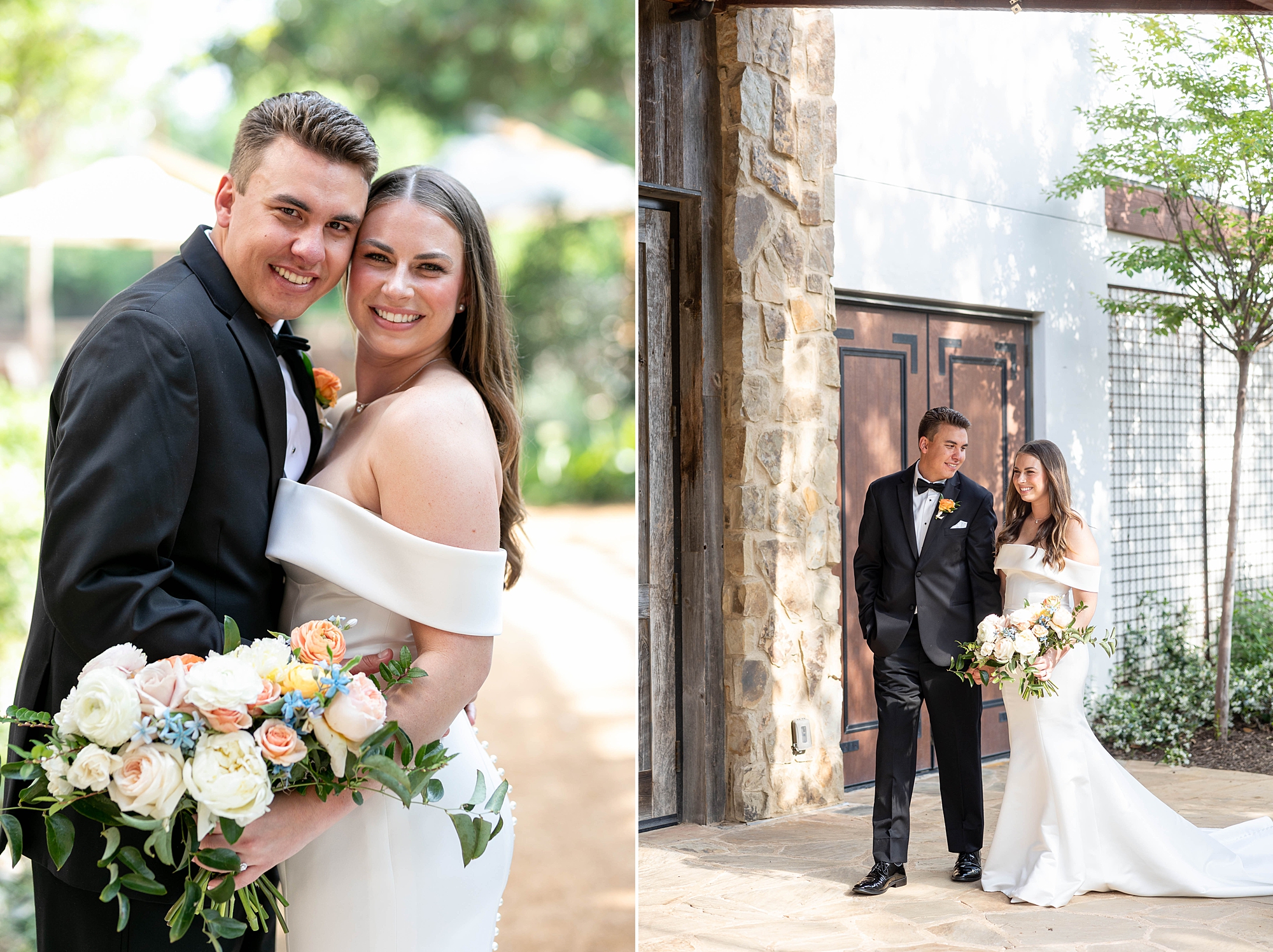 newlyweds hug outside wooden door at the Hotel Drover