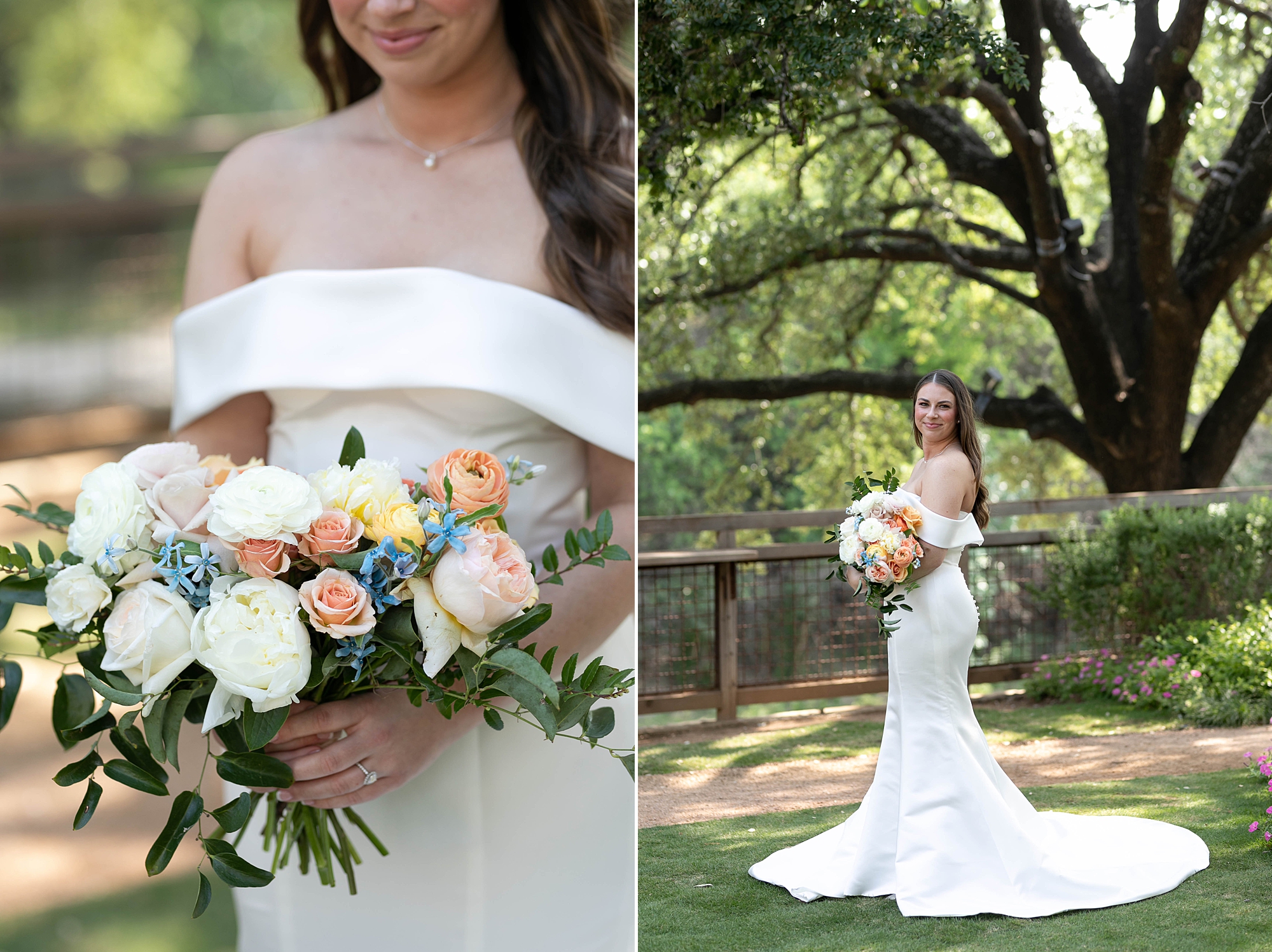 bride holds bouquet of pink and peach flowers for spring wedding at the Hotel Drover