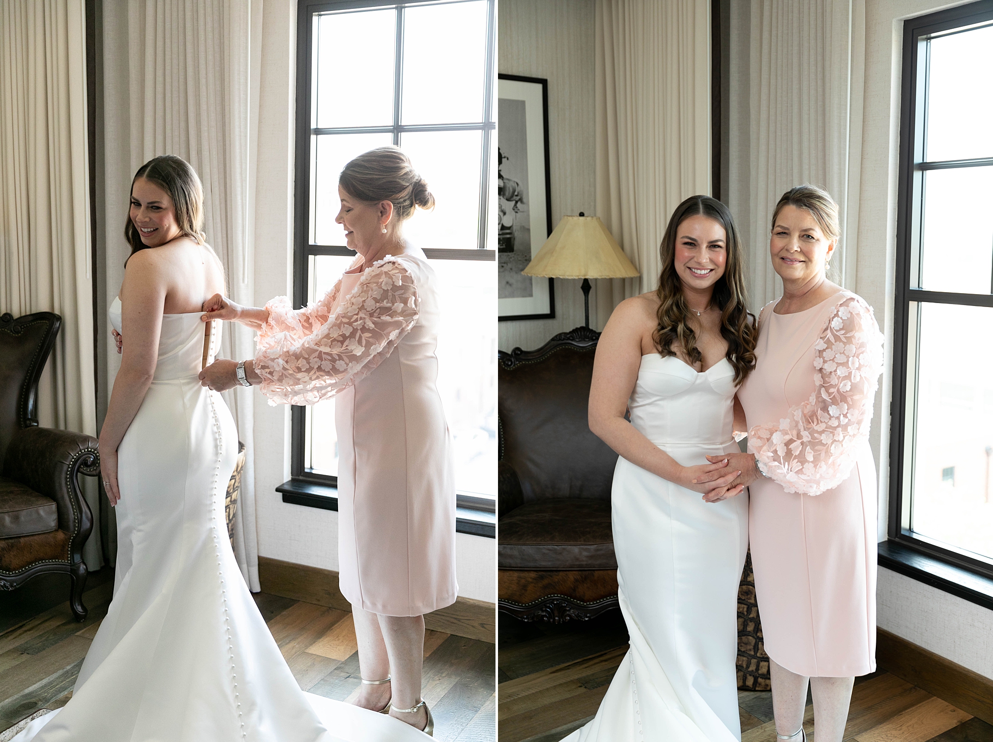 mother helps bride into wedding dress in suite at Hotel Drover