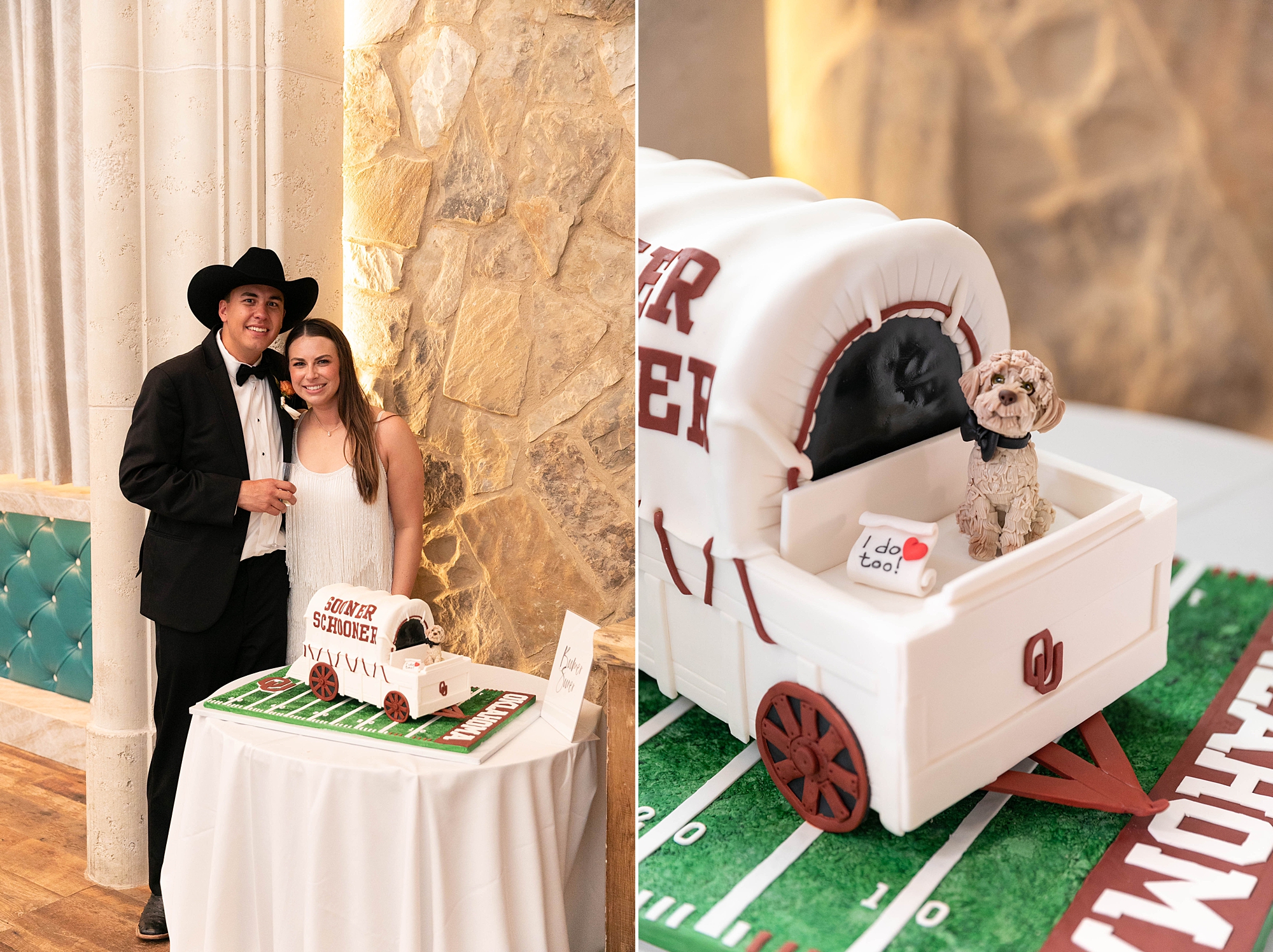 newlyweds stand by groom's cake with covered wagon 
