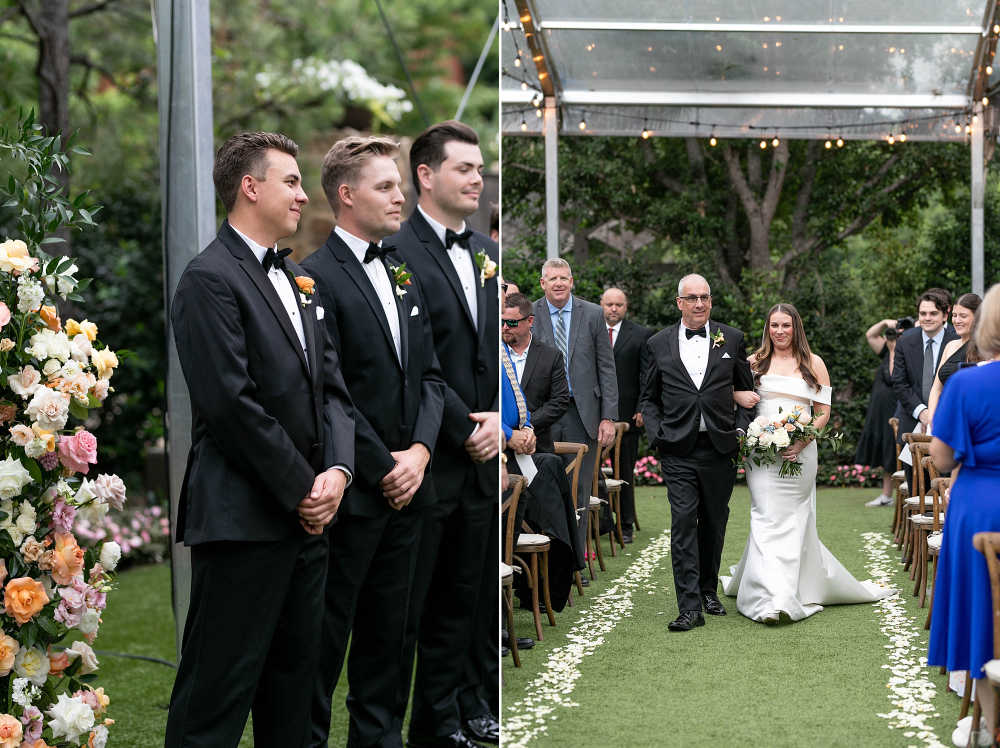 bride and father walk down aisle for outdoor wedding ceremony on the lawn at the Hotel Drover