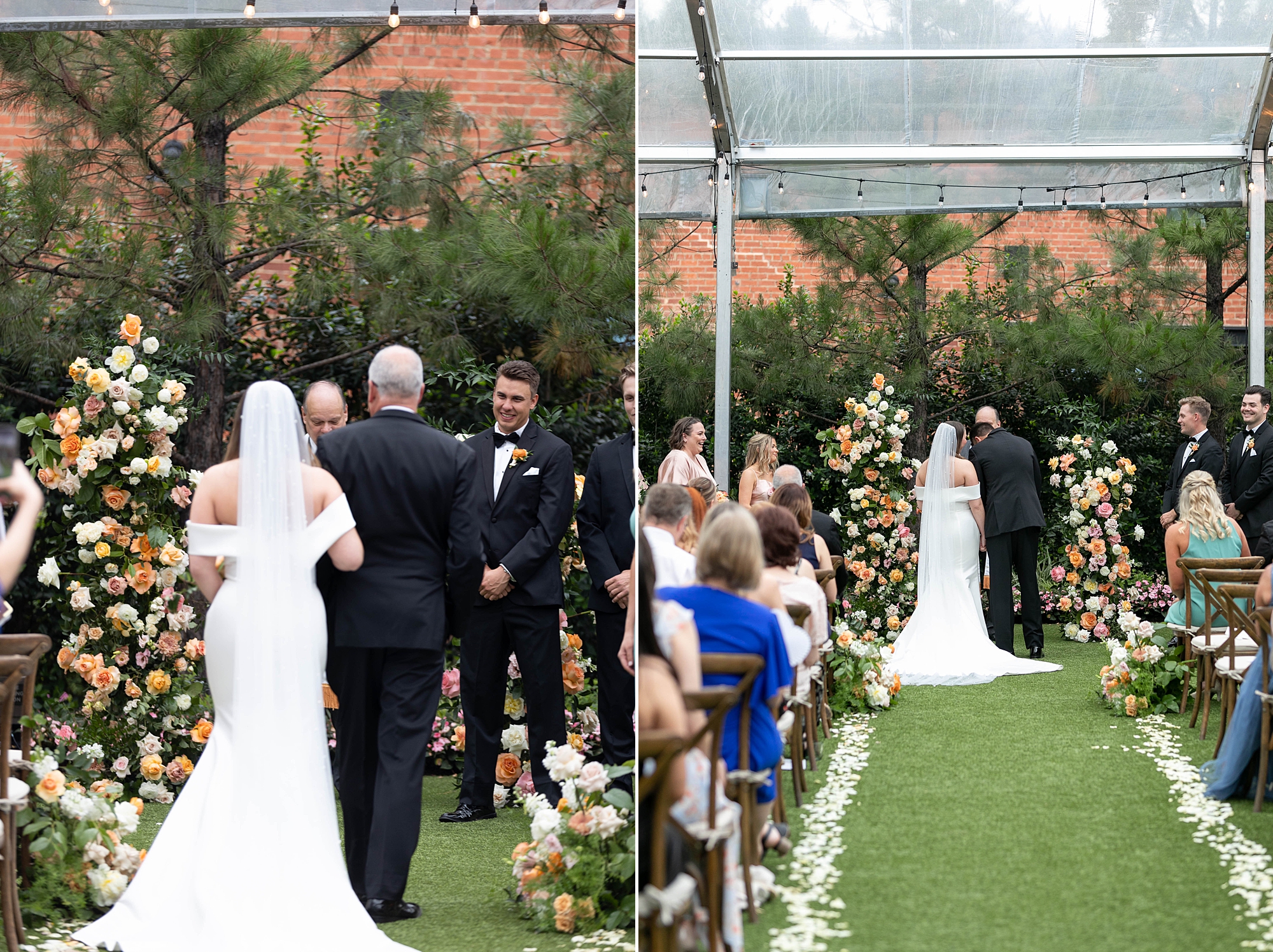 bride and father walk down aisle to groom at the Hotel Drover
